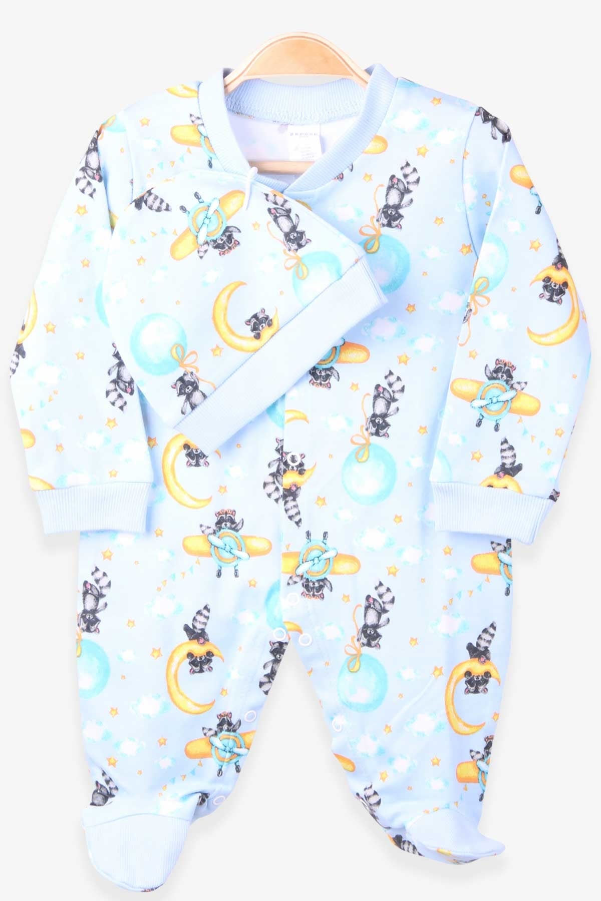 Breeze Erkek Bebek Tulum Rakun Desenli Bebe Mavisi (0-3 Ay-6 Ay)