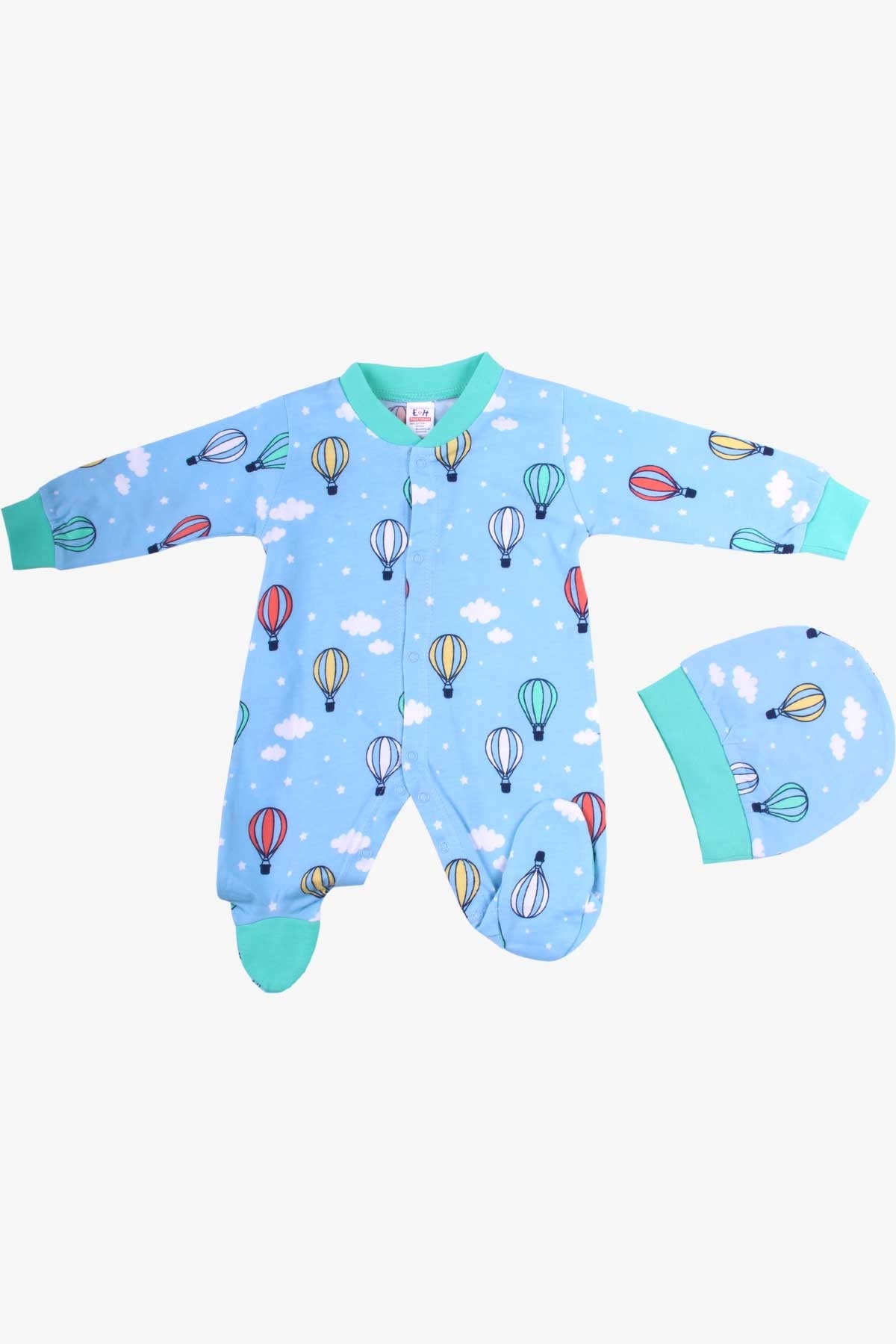 Breeze Erkek Bebek Tulum Renkli Balon Desenli Mavi (0-3 Ay-6 Ay)