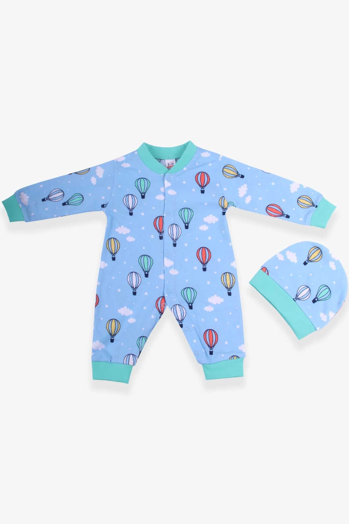 Breeze Erkek Bebek Tulum Renkli Balon Desenli Mavi (0-3 Ay-6 Ay)