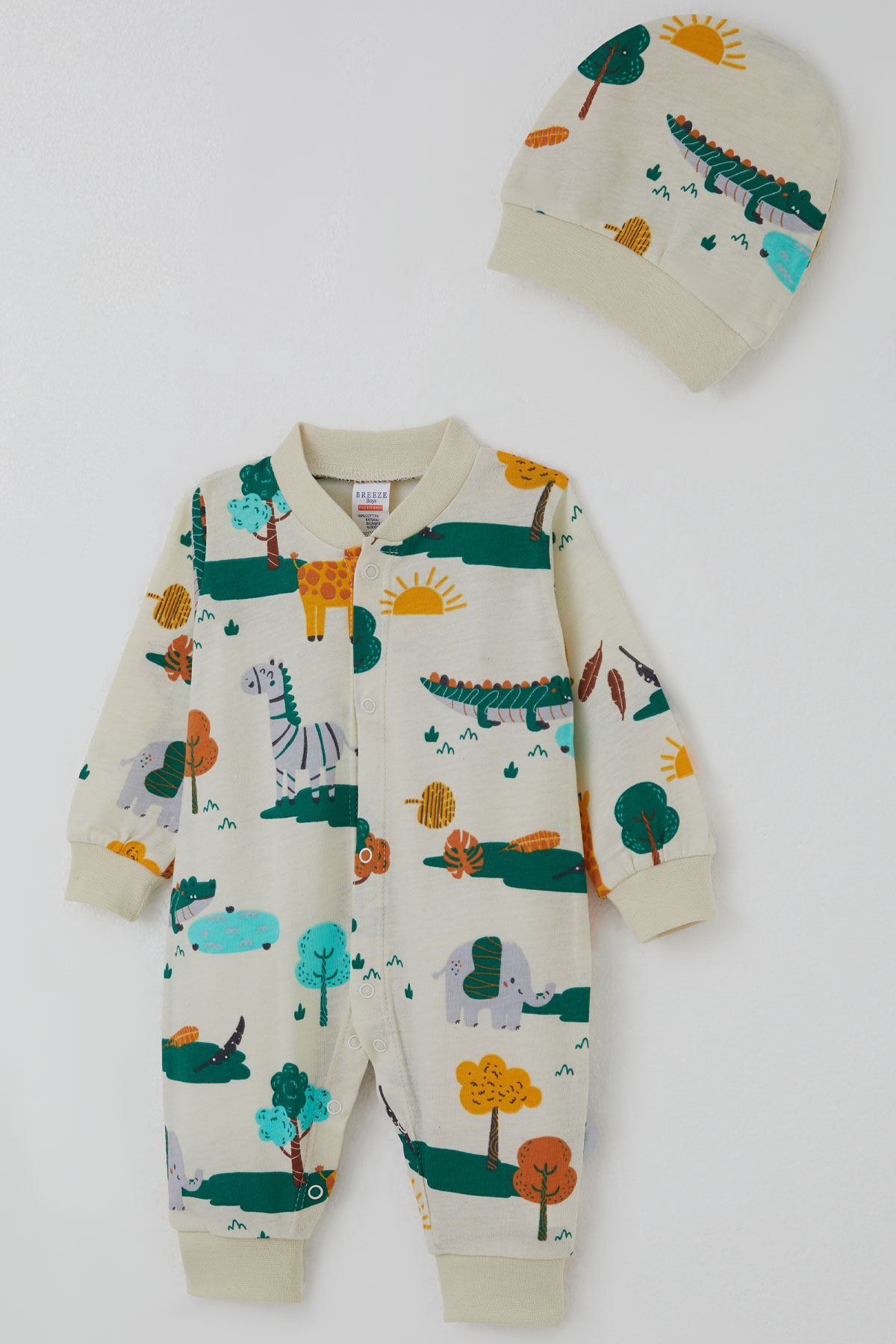Breeze Erkek Bebek Tulum Safari Temalı Sevimli Hayvancıklar Desenli Sarı (0-9 Ay)
