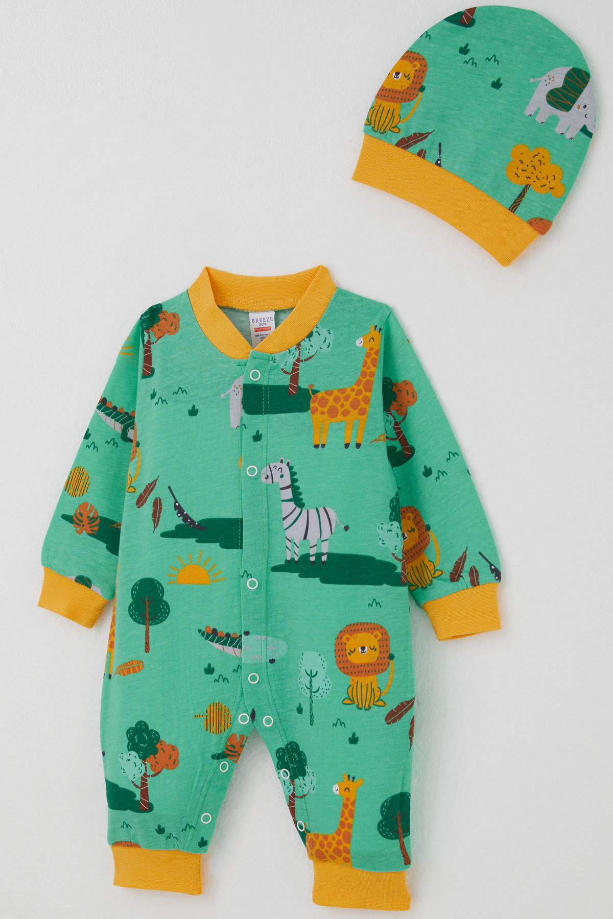 Breeze Erkek Bebek Tulum Safari Temalı Sevimli Hayvancıklar Desenli Yeşil (0-9 Ay)