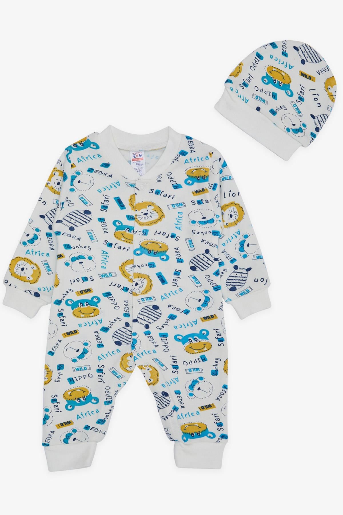 Breeze Erkek Bebek Tulum Safari Temalı Hayvancık Desenli Beyaz (0-3 Ay)