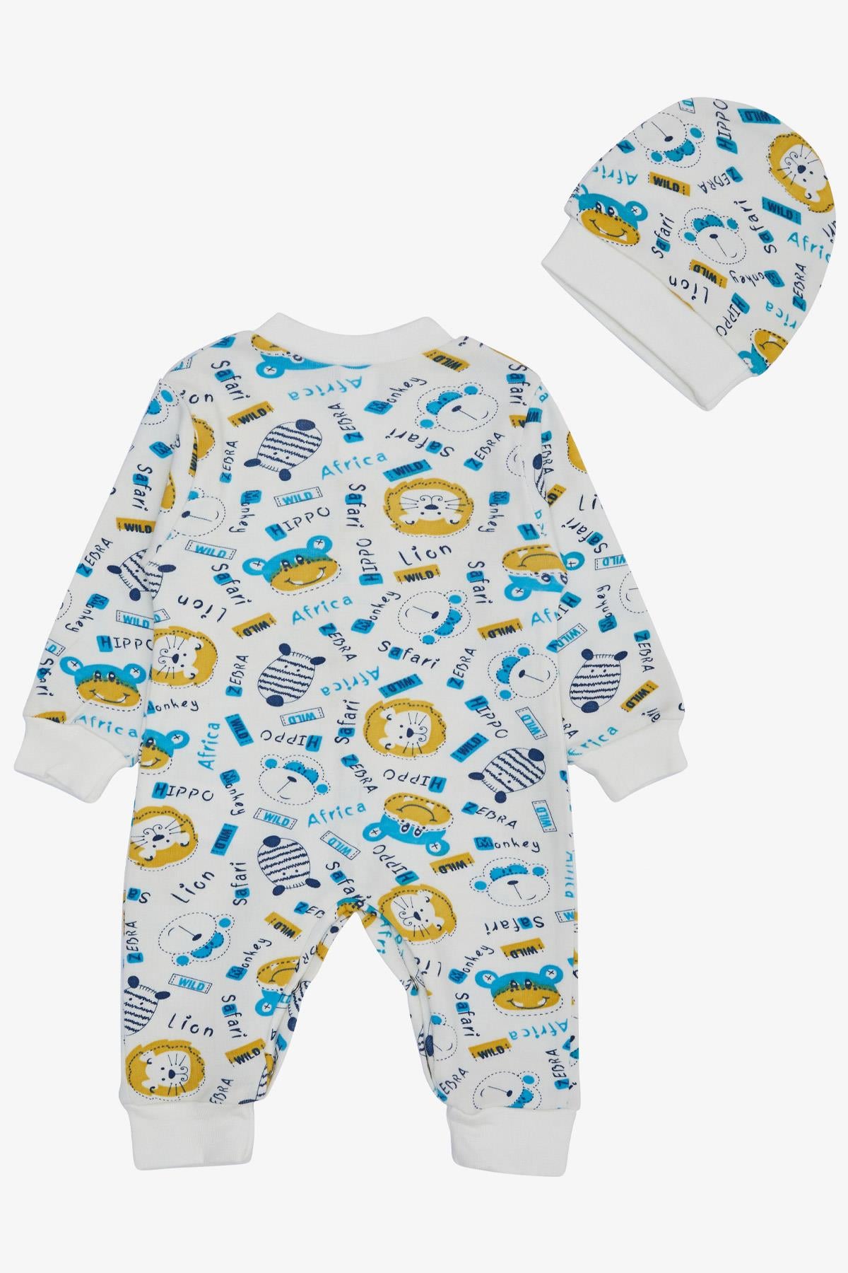 Breeze Erkek Bebek Tulum Safari Temalı Hayvancık Desenli Beyaz (0-3 Ay)