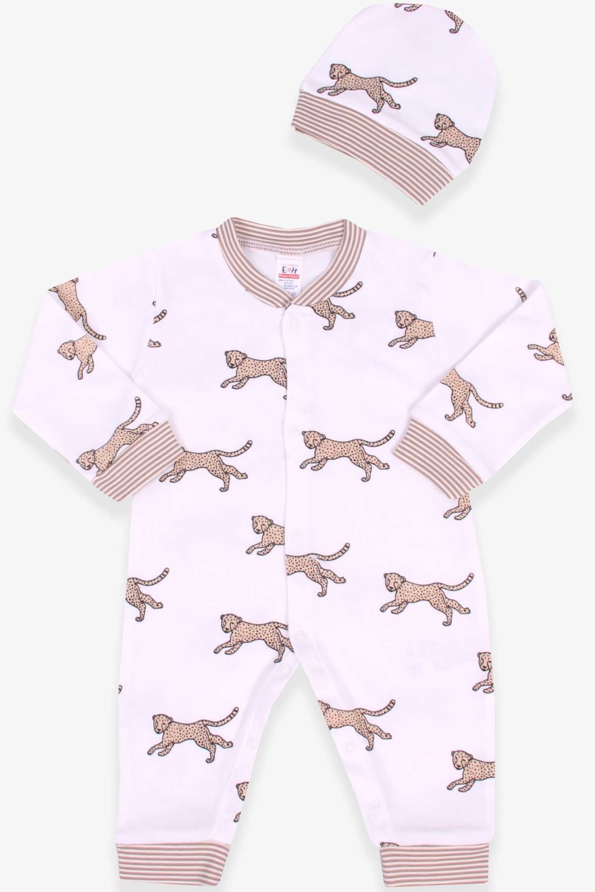 Breeze Erkek Bebek Tulum Şapkalı Puma Desenli Ekru (0-3 Ay-6 Ay)
