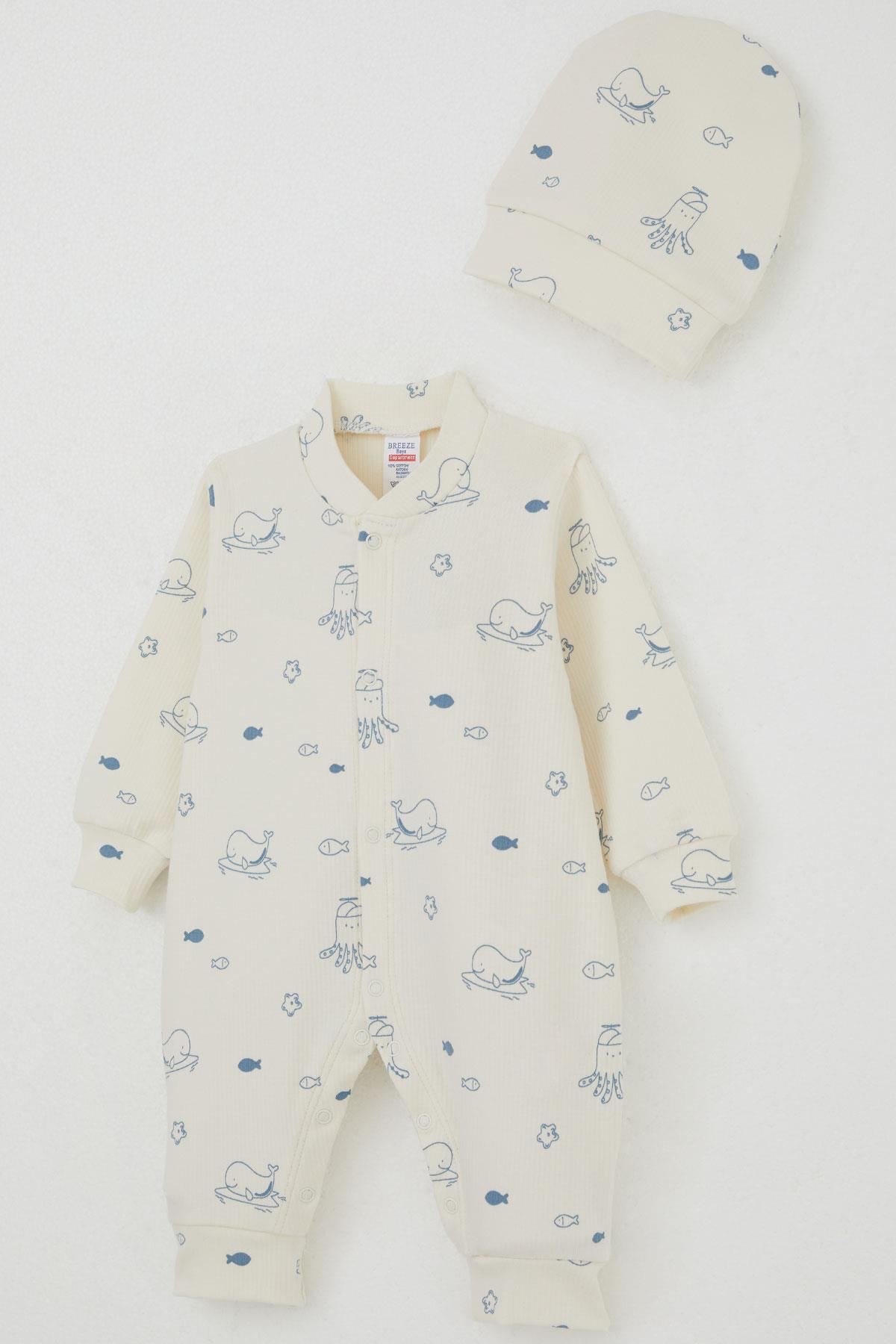 Breeze Erkek Bebek Tulum Sevimli Deniz Hayvanları Desenli Krem (0-6 Ay)