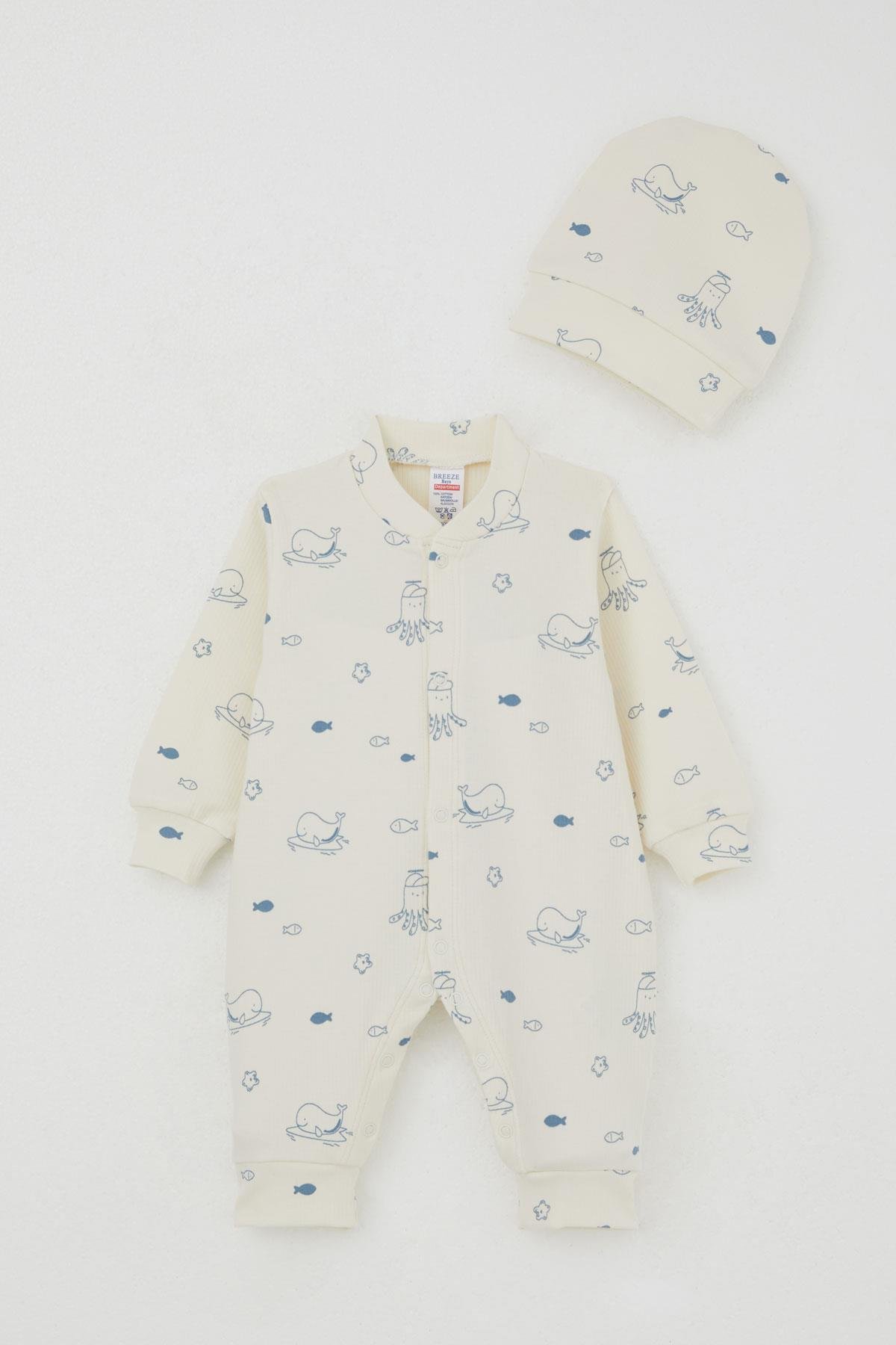 Breeze Erkek Bebek Tulum Sevimli Deniz Hayvanları Desenli Krem (0-6 Ay)