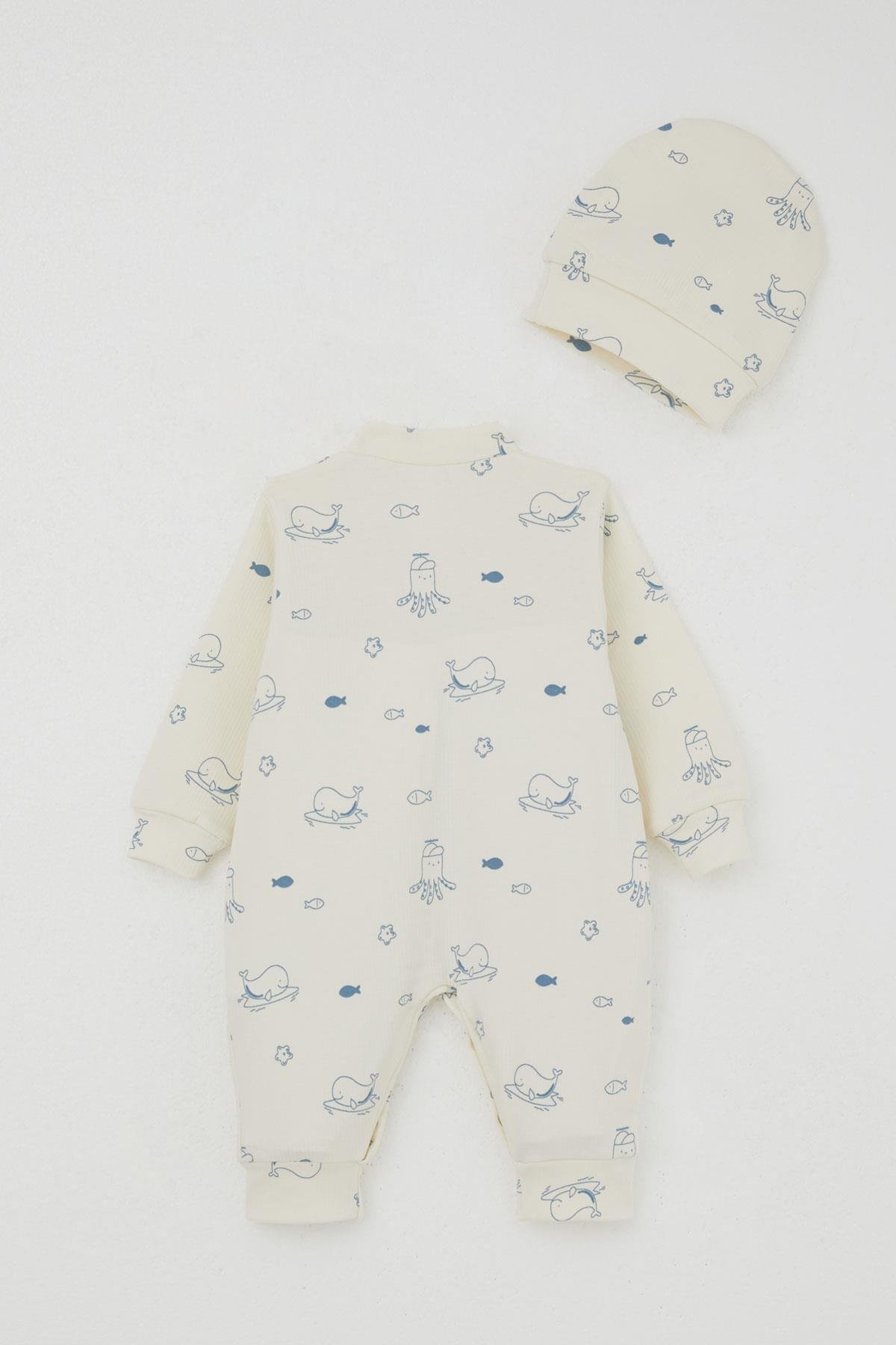 Breeze Erkek Bebek Tulum Sevimli Deniz Hayvanları Desenli Krem (0-6 Ay)
