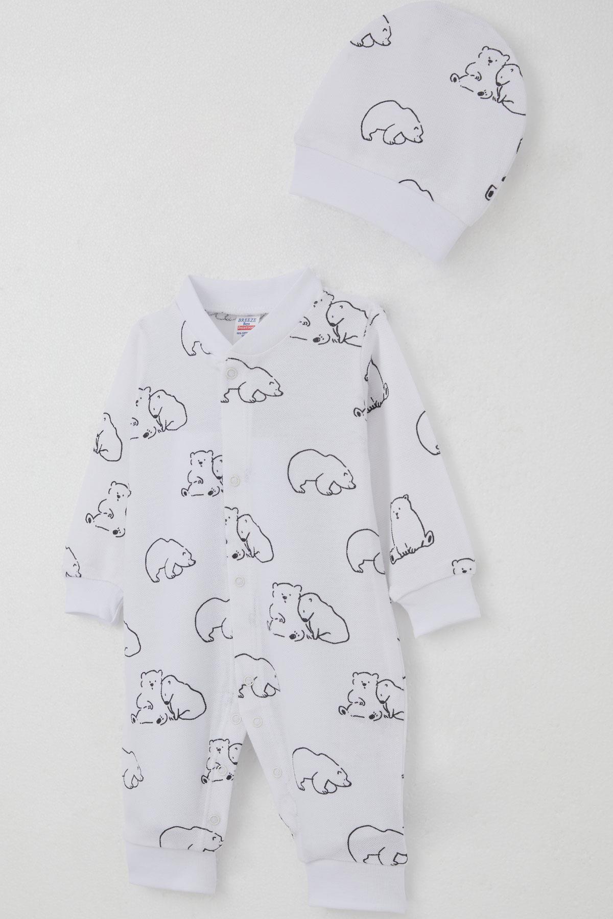 Breeze Erkek Bebek Tulum Sevimli Kutup Ayıcığı Desenli Beyaz (0-6 Ay)