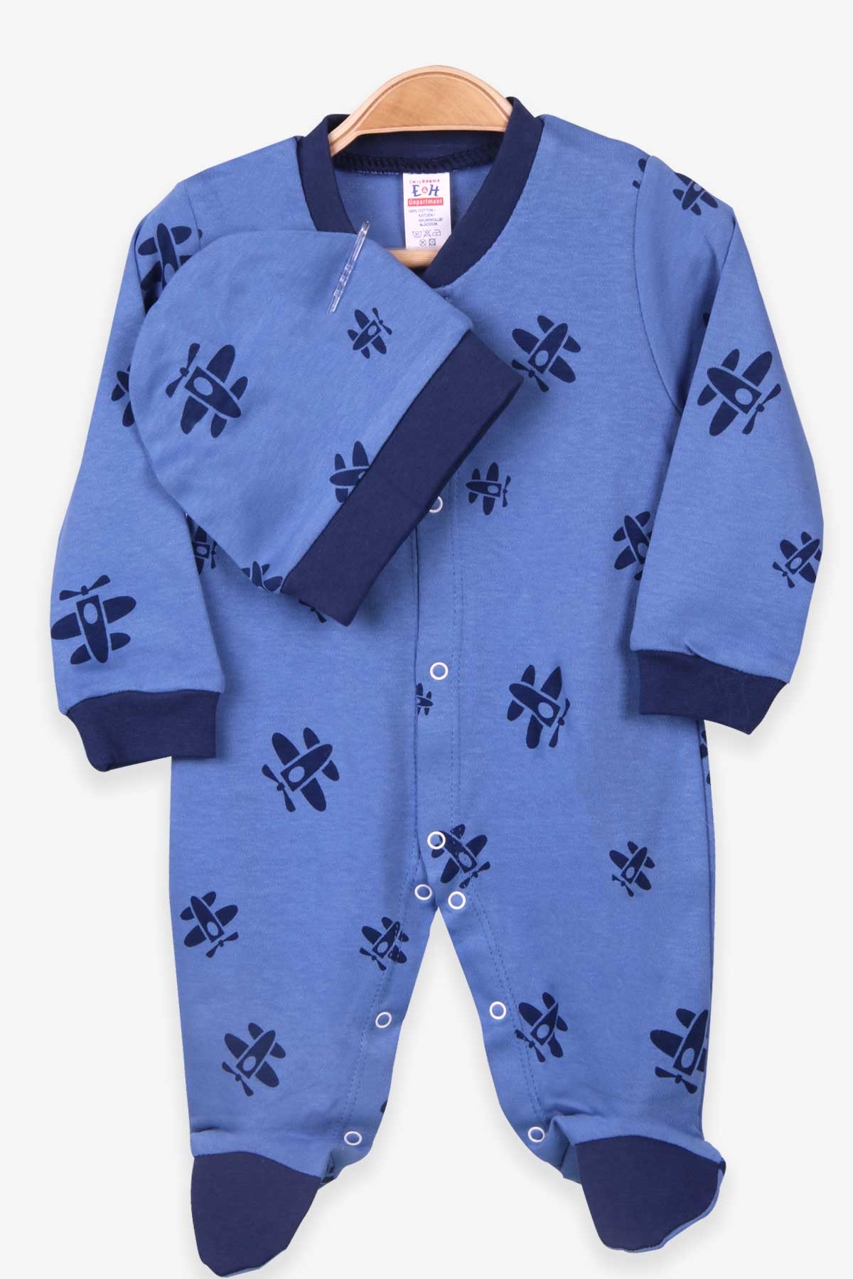 Breeze Erkek Bebek Tulum Uçak Desenli Şapkalı Set Mavi (0-3-6 Ay)