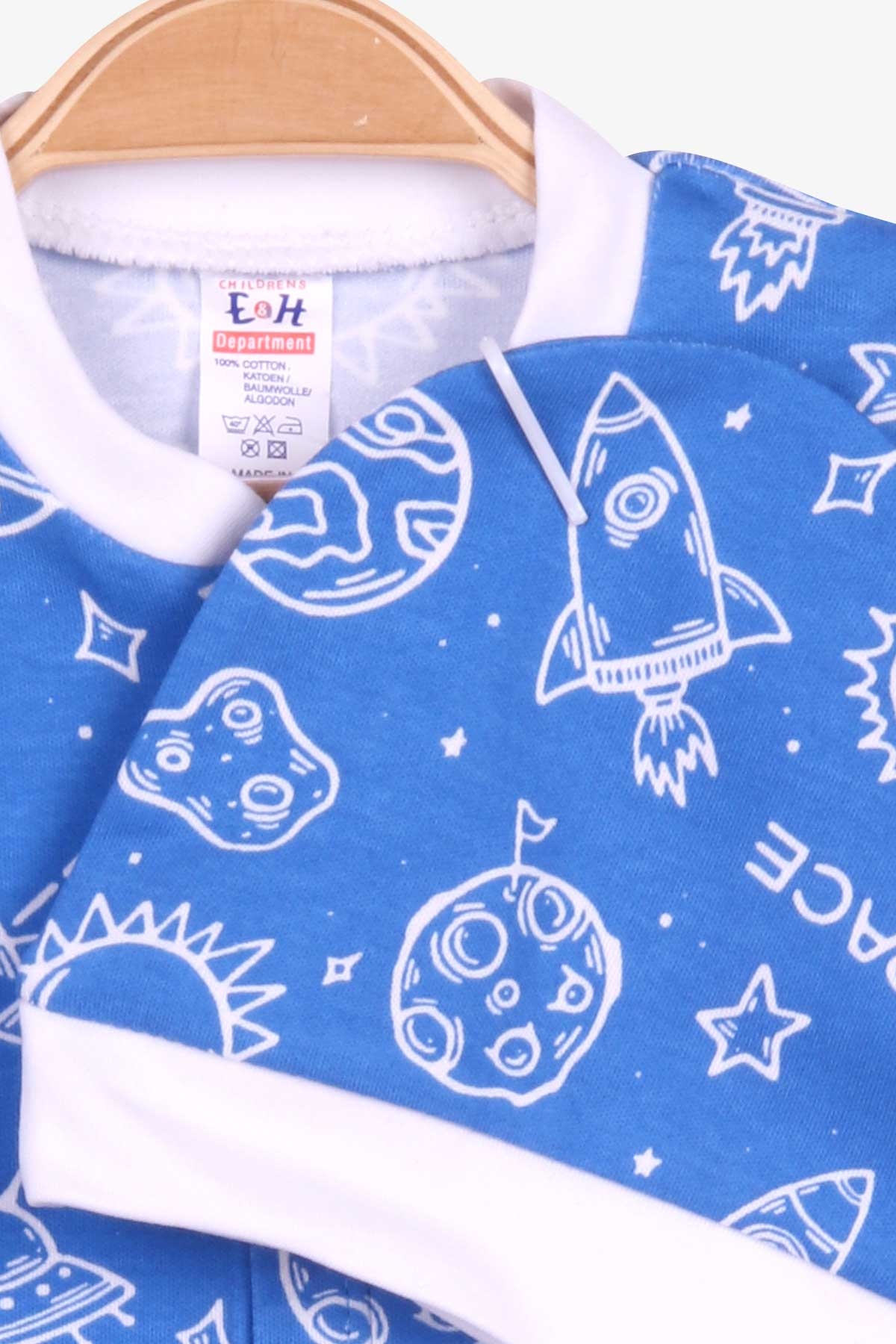 Breeze Erkek Bebek Tulum Uzay Desenli Şapkalı Set Saks Mavisi (0-3 Ay-6 Ay)