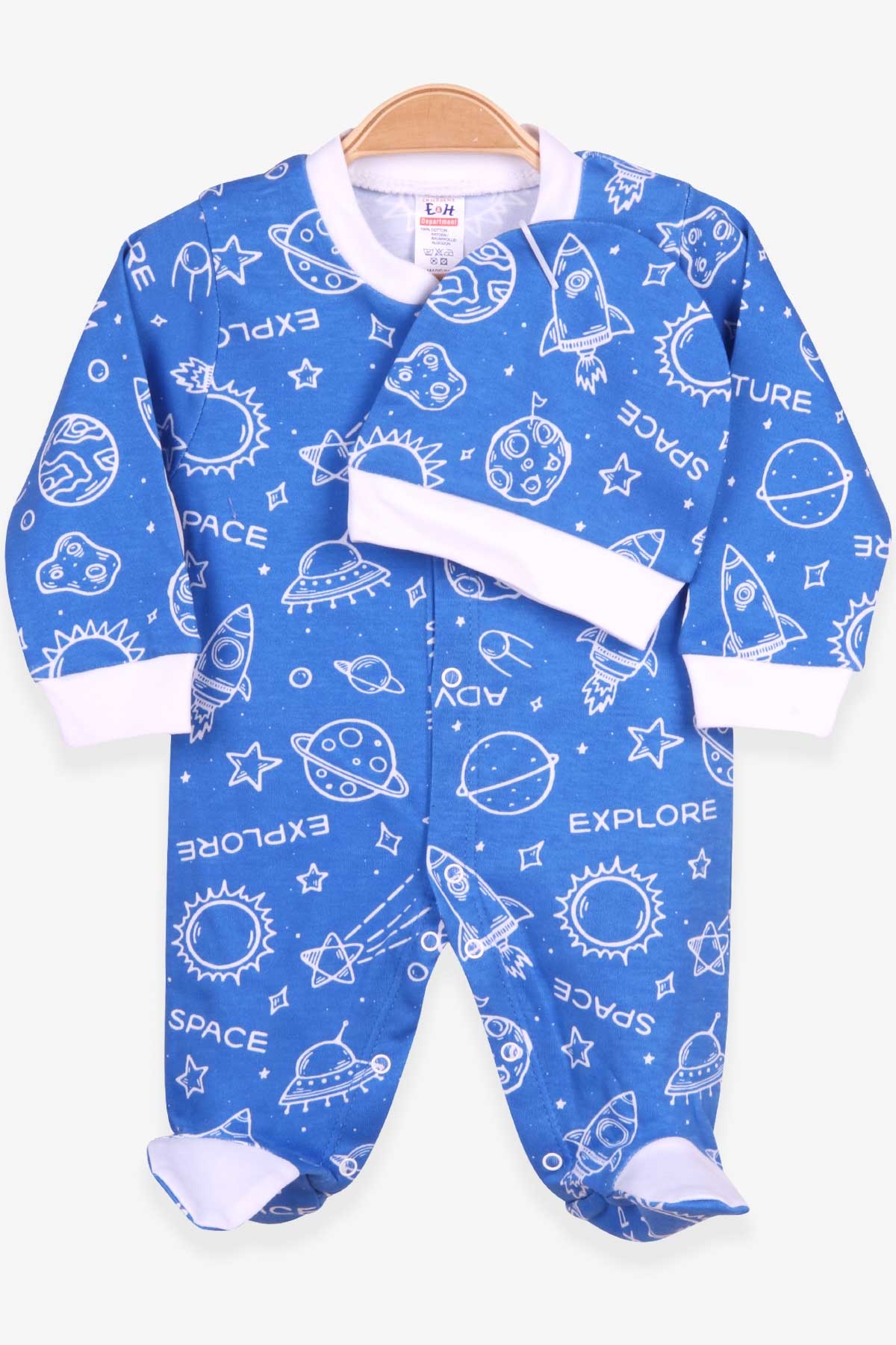 Breeze Erkek Bebek Tulum Uzay Desenli Şapkalı Set Saks Mavisi (0-3 Ay-6 Ay)