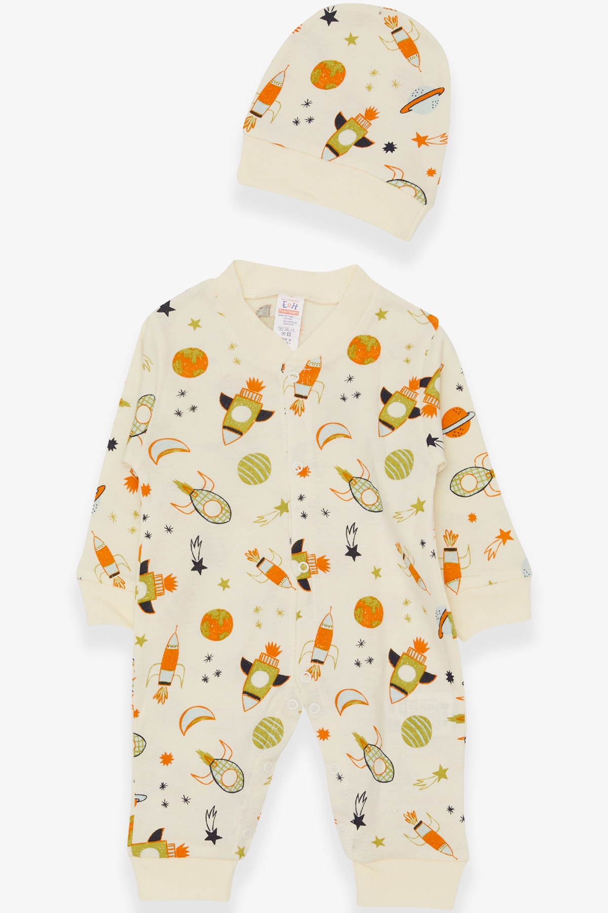 Breeze Erkek Bebek Tulum Uzay Temalı Krem (0-3 Ay-6 Ay)