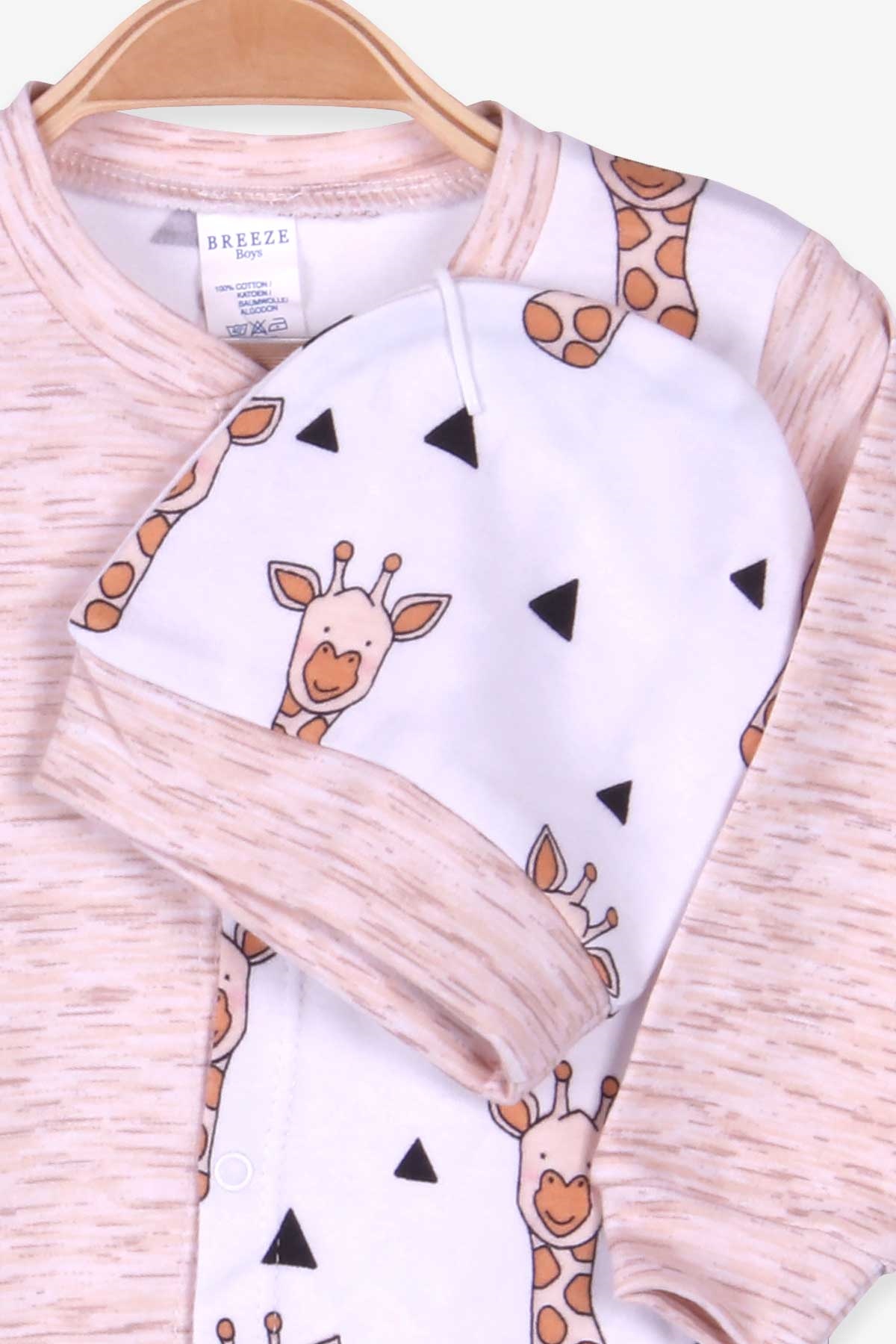 Breeze Erkek Bebek Tulum Zürafa Desenli Şapkalı Set Ekru (0-3 Ay-4 Ay)