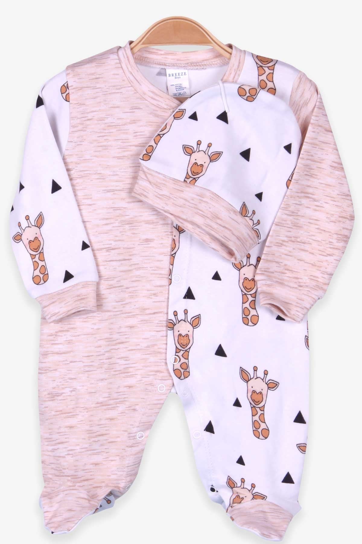 Breeze Erkek Bebek Tulum Zürafa Desenli Şapkalı Set Ekru (0-3 Ay-4 Ay)