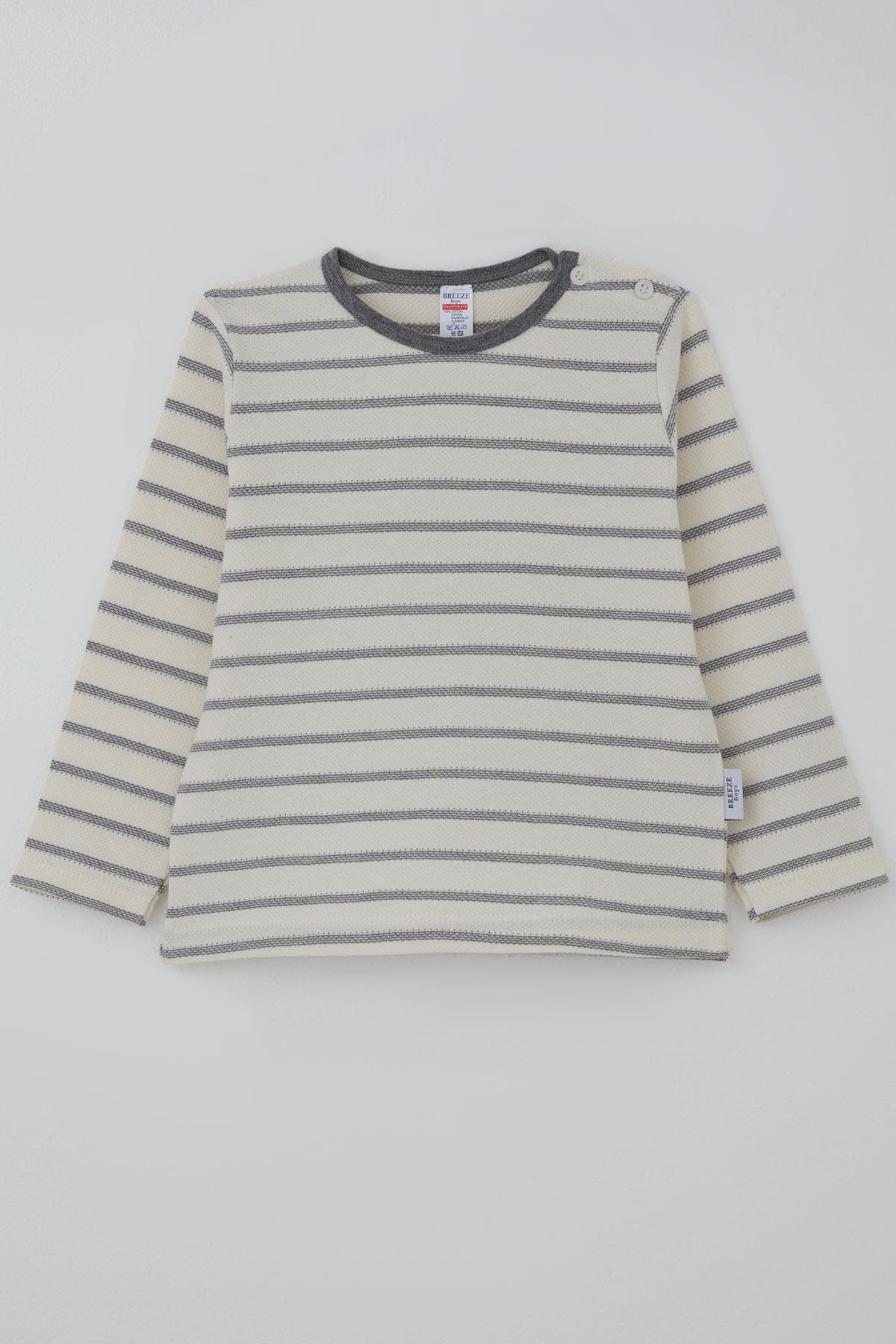 Breeze Erkek Bebek Uzun Kollu Tişört Patlı Minimal Çizgili Ekru (9 Ay-3 Yaş)