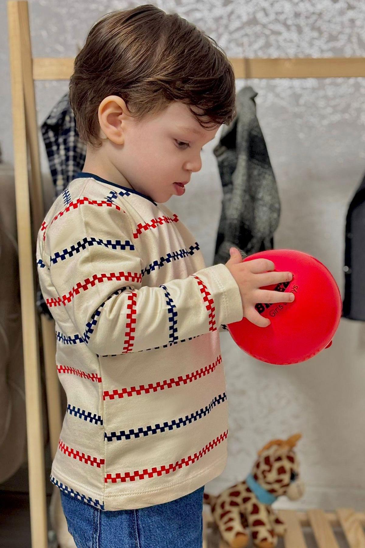 Breeze Erkek Bebek Uzun Kollu Tişört Patlı Minimal Marin Çizgili Krem (9 Ay-3 Yaş)