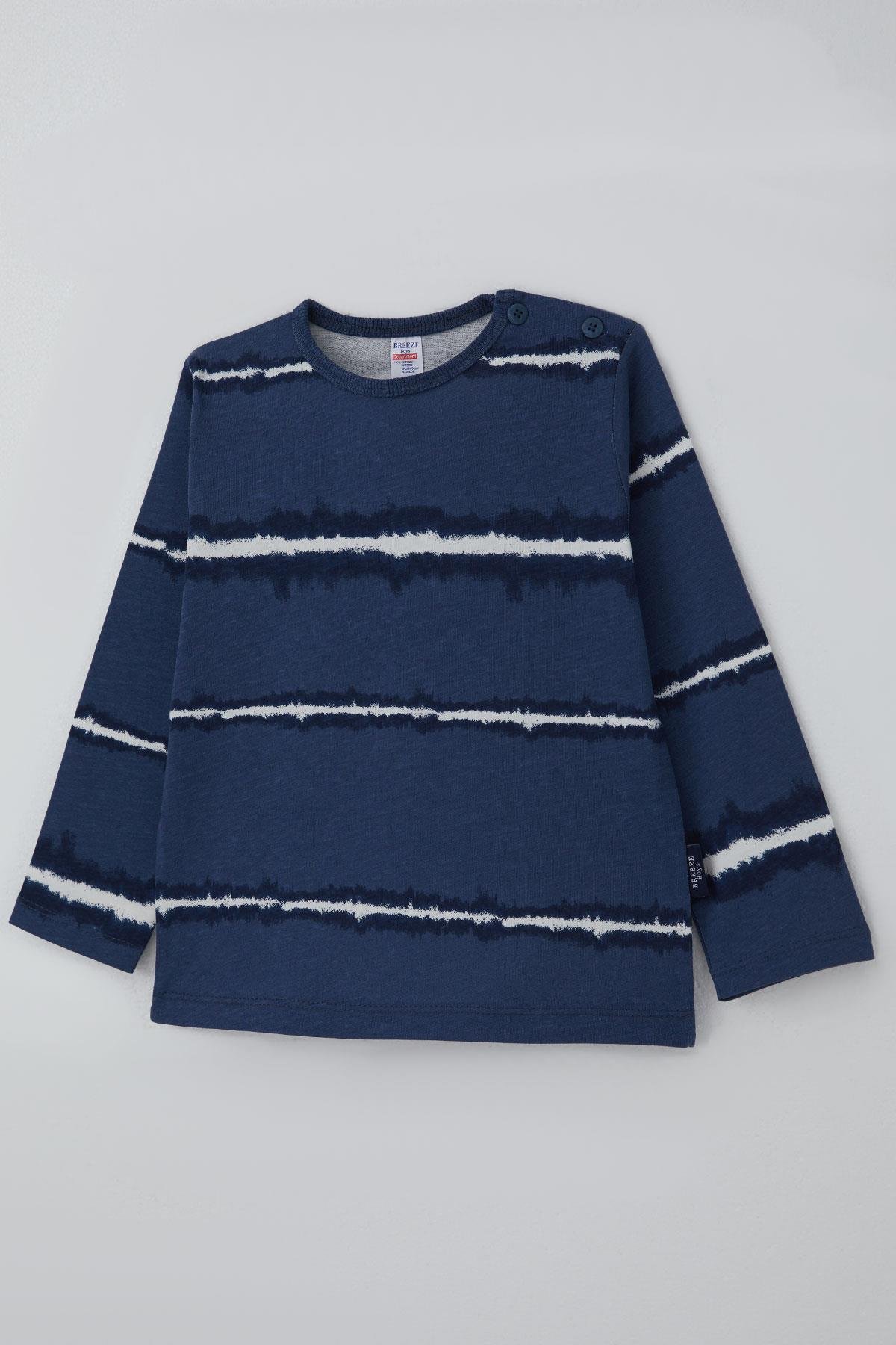 Breeze Erkek Bebek Uzun Kollu Tişört Patlı Batik Çizgi Desenli Lacivert (9 Ay-3 Yaş)
