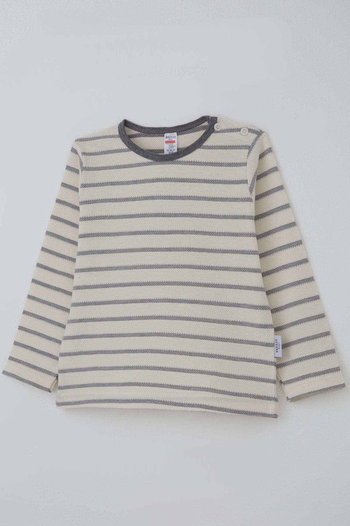 Breeze Erkek Bebek Uzun Kollu Tişört Patlı Minimal Çizgili Ekru (9 Ay-3 Yaş)