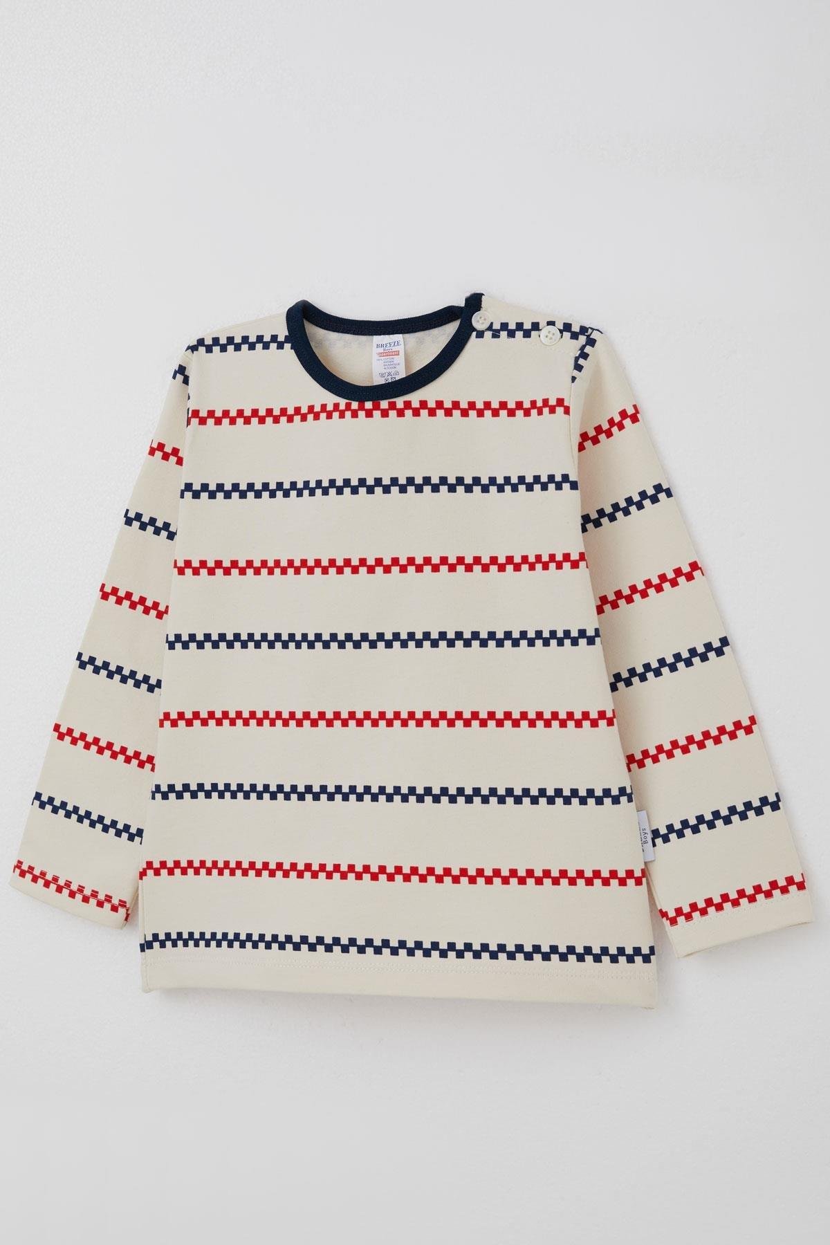 Breeze Erkek Bebek Uzun Kollu Tişört Patlı Minimal Marin Çizgili Krem (9 Ay-3 Yaş)