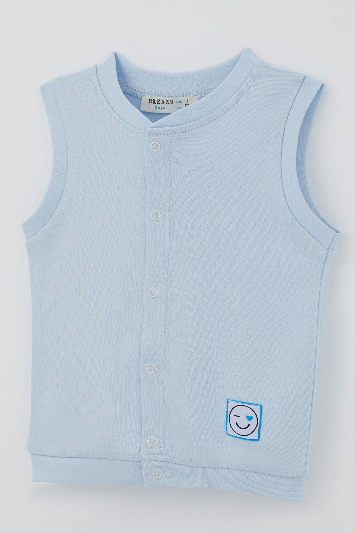 Breeze Erkek Bebek Yelek Çıtçıtlı Mavi Kalpli Göz Kırpan Emoji Armalı Bebe Mavisi (4 Ay - 1 Yaş)