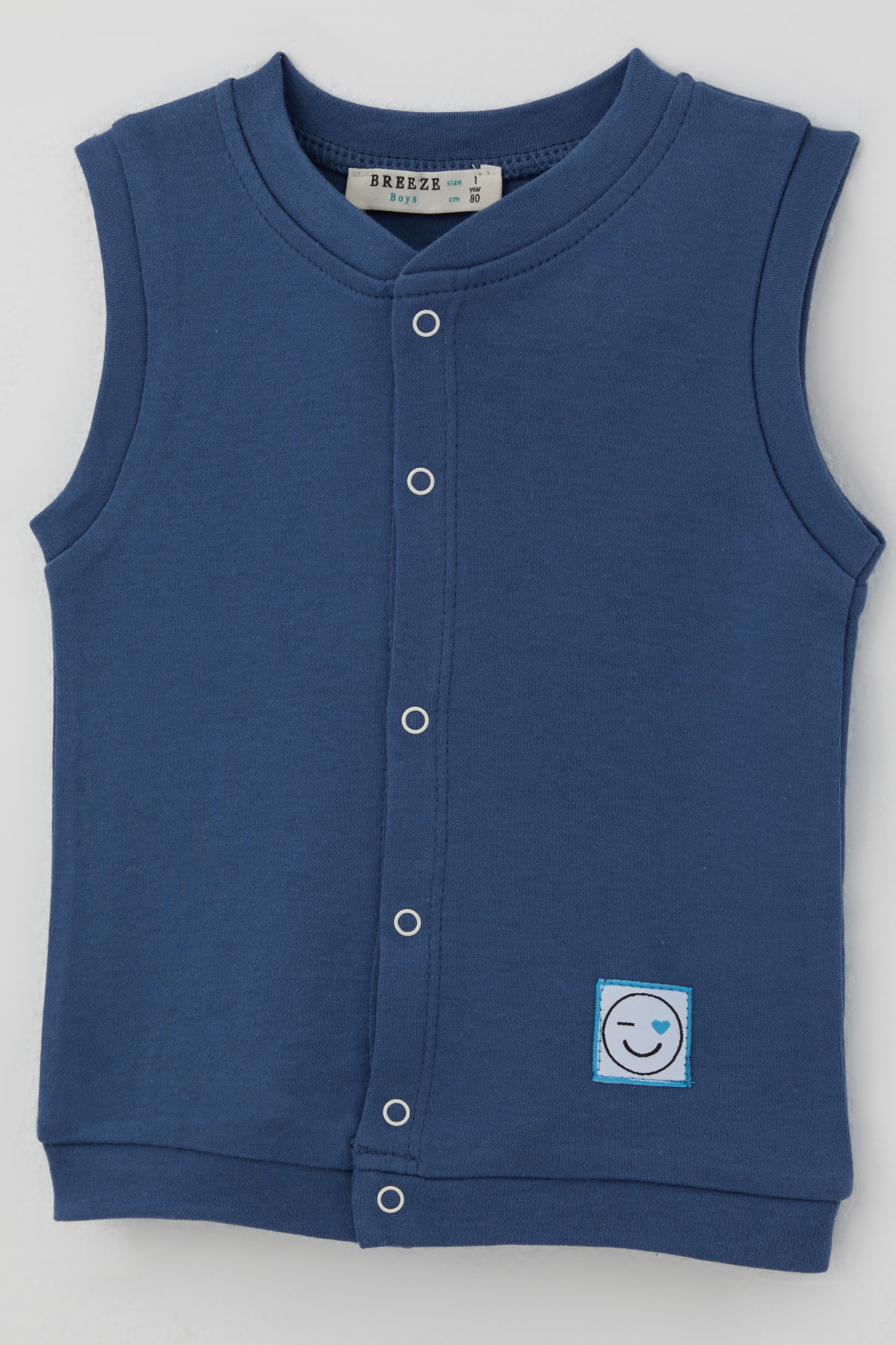 Breeze Erkek Bebek Yelek Çıtçıtlı Mavi Kalpli Göz Kırpan Emoji Armalı İndigo (4 Ay - 1 Yaş)
