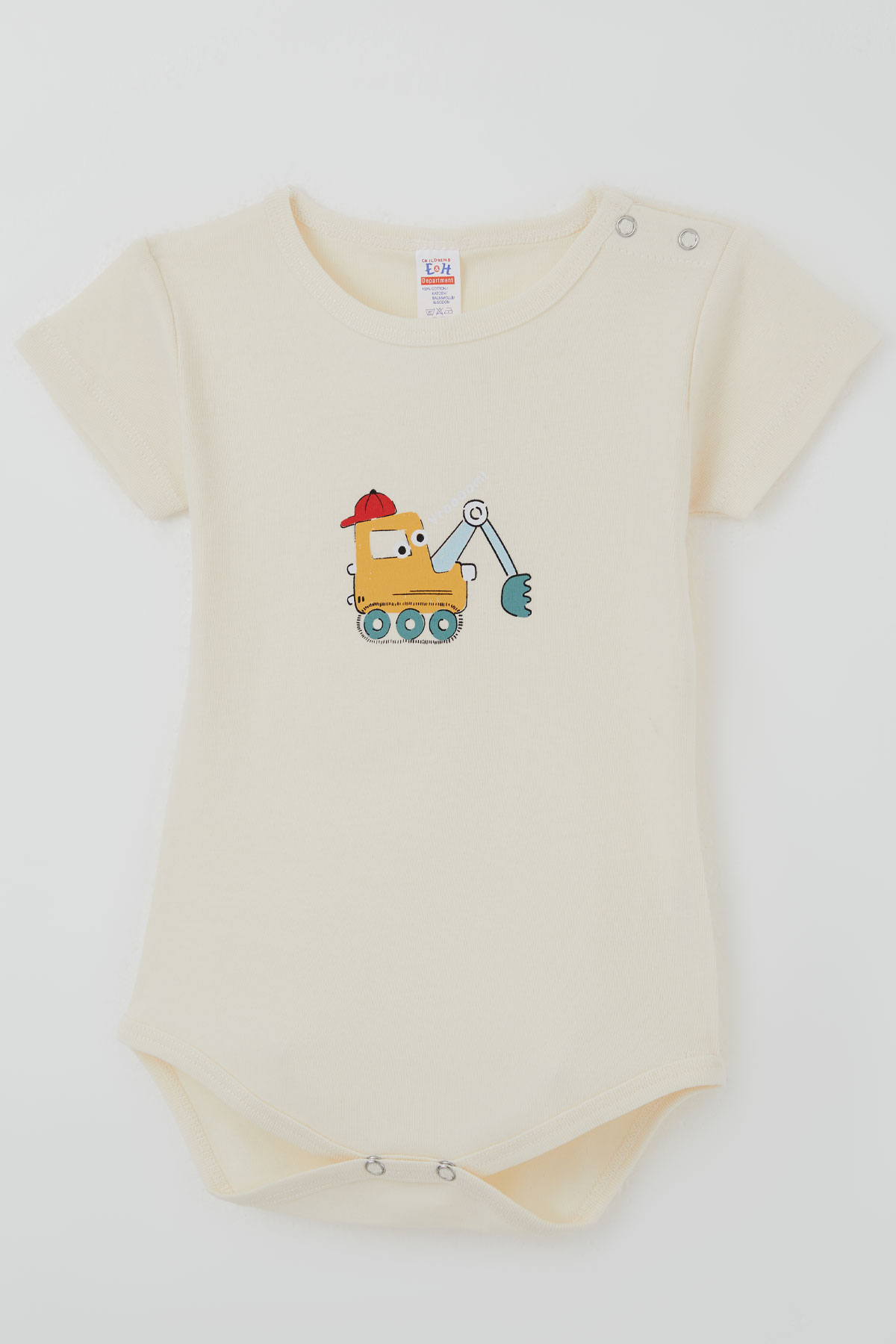 Breeze Erkek Çocuk Çıtçıtlı Kısa Kollu Zıbın Body Şapkalı Sevimli İş Makinesi Baskılı Krem (1-3 Yaş)