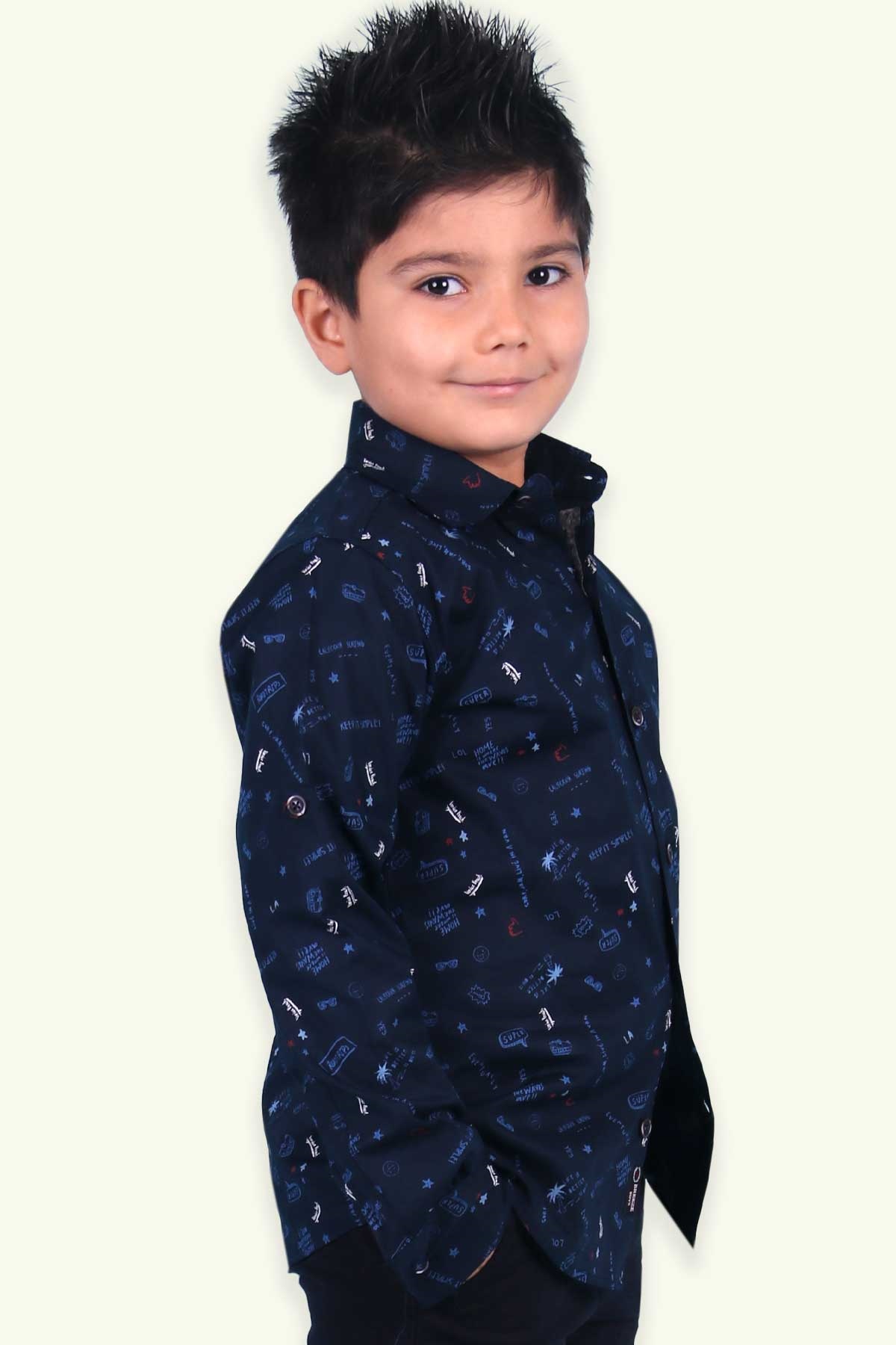 Breeze Erkek Çocuk Desenli Gömlek Mavi (9 Ay-8 Yaş)