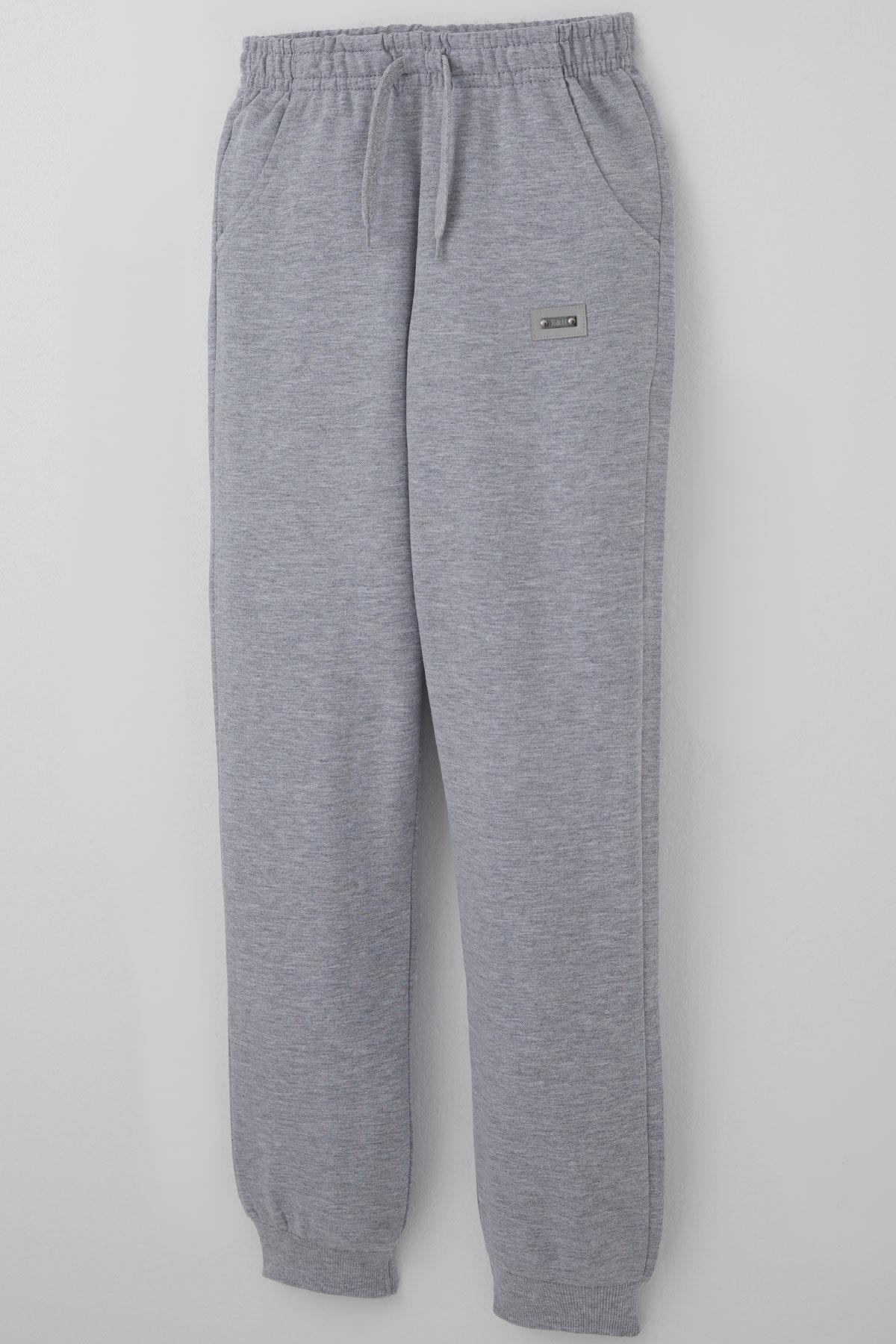 Breeze Erkek Çocuk Eşofman Altı Arma Detaylı Bağcık Aksesuarlı Beli Lastikli Açık Gri Melanj (9-12 Yaş)