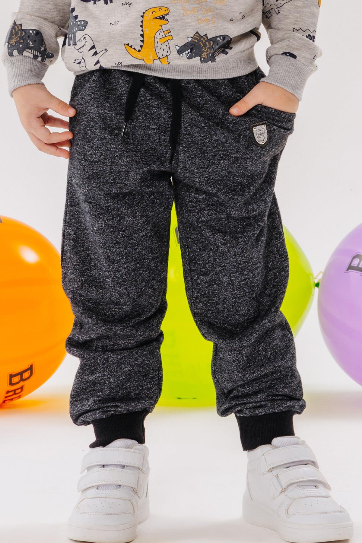 Breeze Erkek Çocuk Eşofman Altı Armalı Cepli Bağcık Aksesuarlı Siyah Melanj (1.5-3 Yaş)