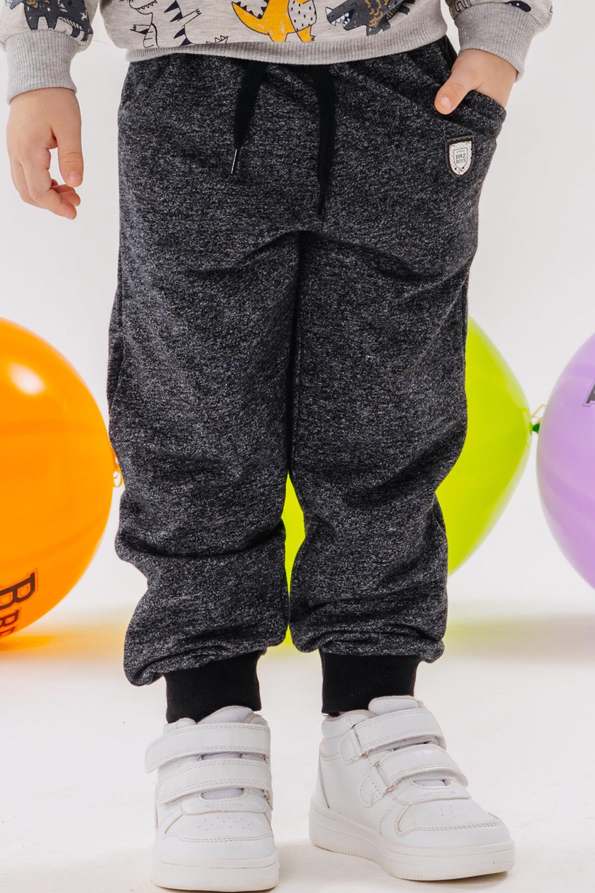 Breeze Erkek Çocuk Eşofman Altı Armalı Cepli Bağcık Aksesuarlı Siyah Melanj (1.5-3 Yaş)