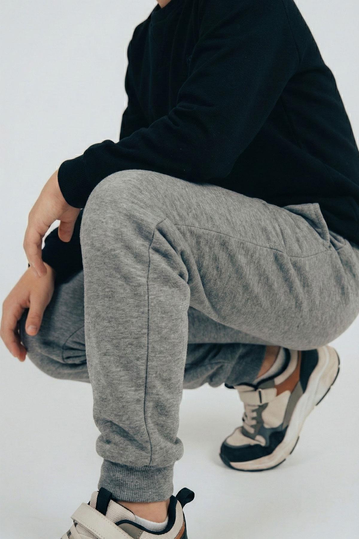 Breeze Erkek Çocuk Eşofman Altı Bağcık Aksesuarlı Cepli Gri Melanj (7-11 Yaş)