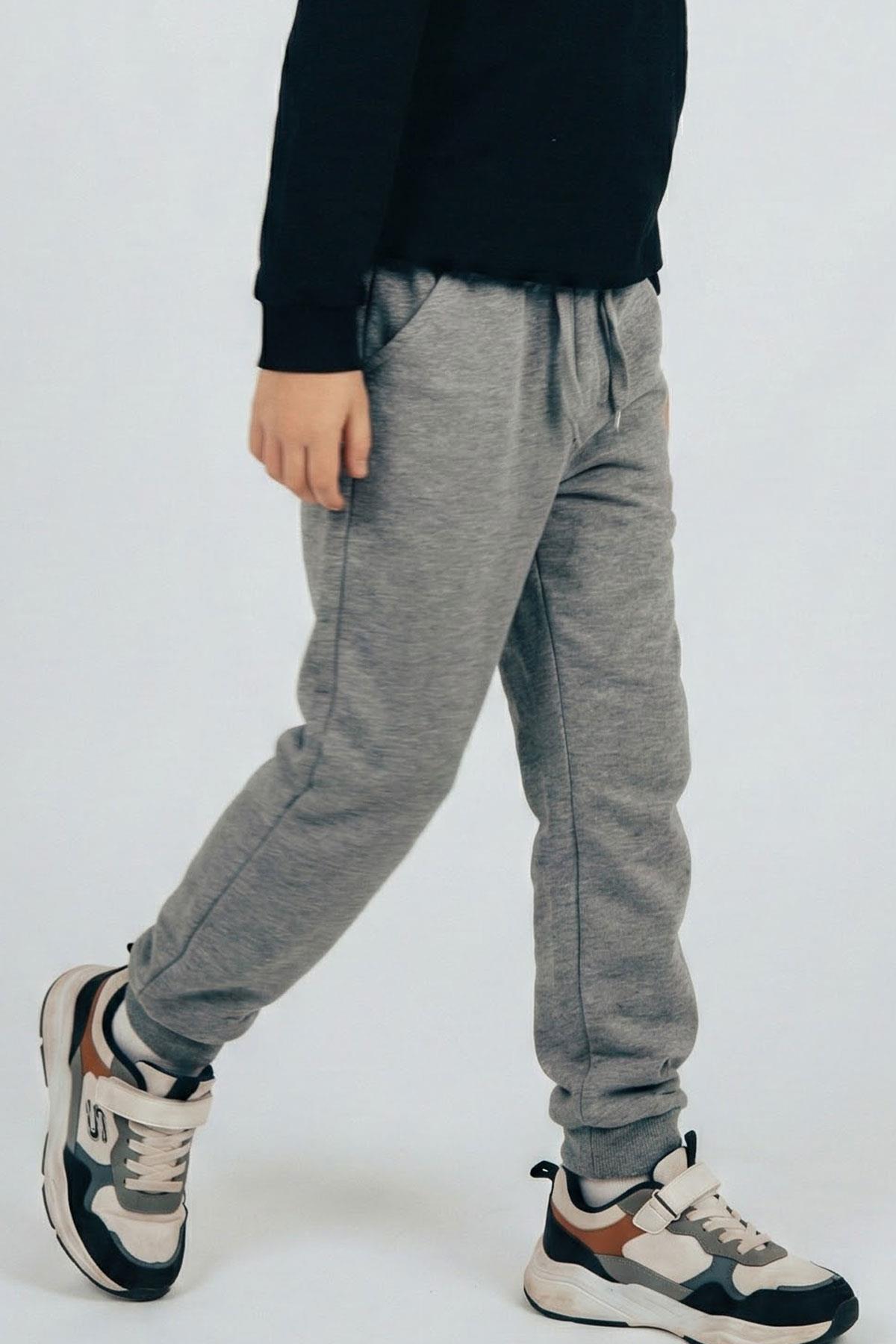 Breeze Erkek Çocuk Eşofman Altı Bağcık Aksesuarlı Cepli Gri Melanj (7-11 Yaş)