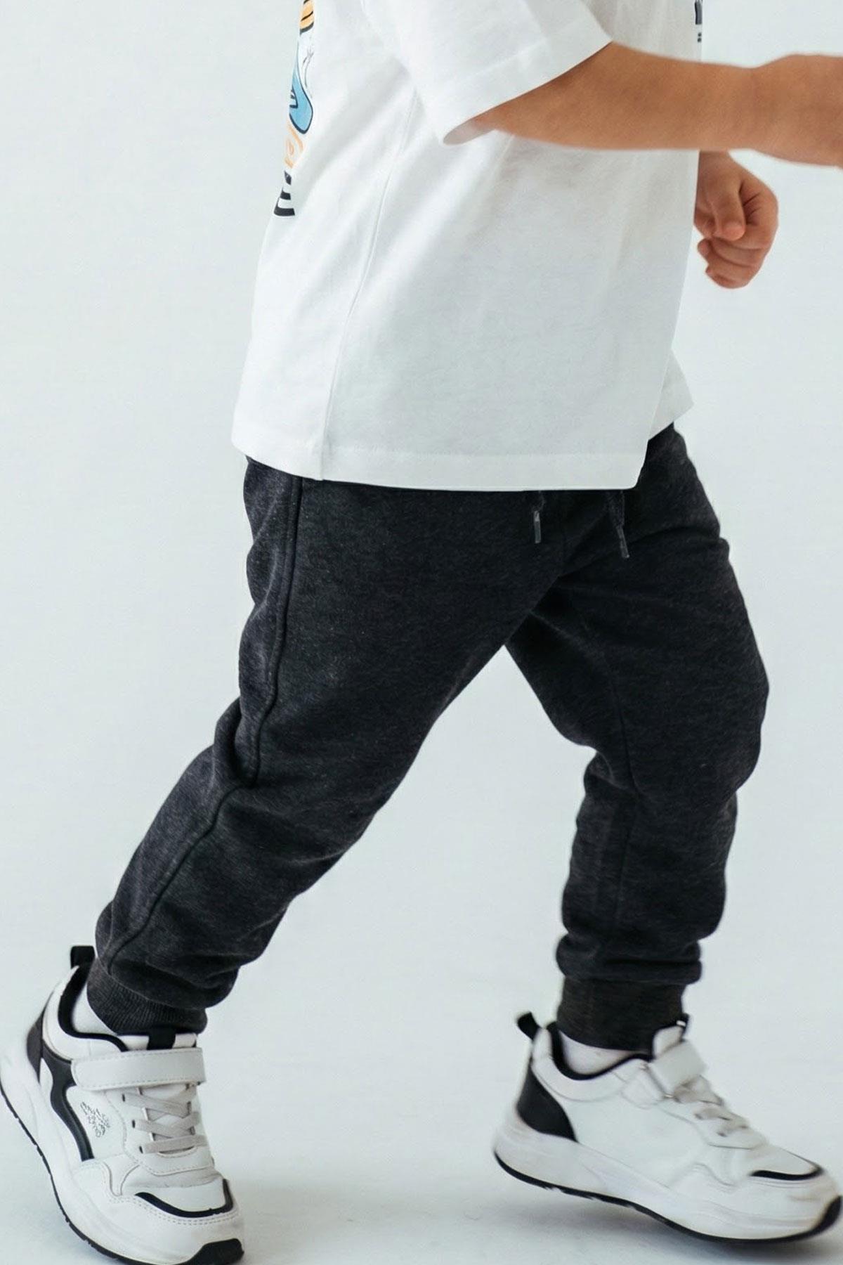 Breeze Erkek Çocuk Eşofman Altı Bağcık Aksesuarlı Cepli Koyu Gri Melanj (2-6 Yaş)