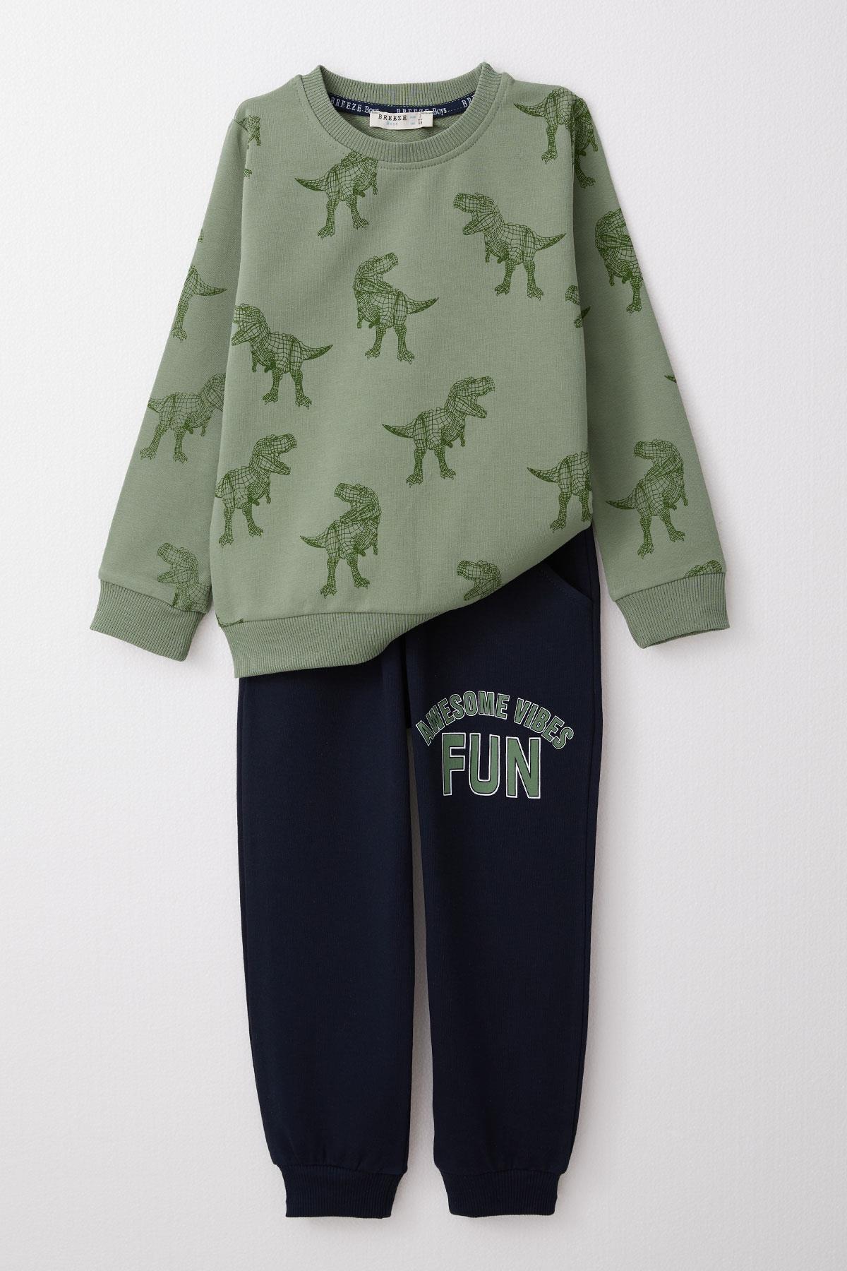 Breeze Erkek Çocuk Eşofman Takım Dinozor Desenli Mint Yeşili (3-8 Yaş)