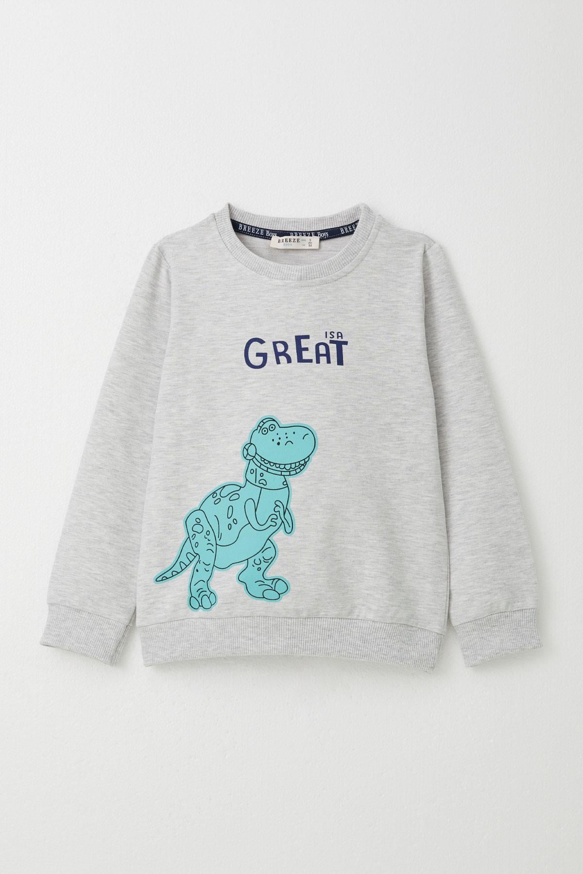 Breeze Erkek Çocuk Eşofman Takım Harika Dinozor Baskılı Açık Gri Melanj (1.5-5 Yaş)