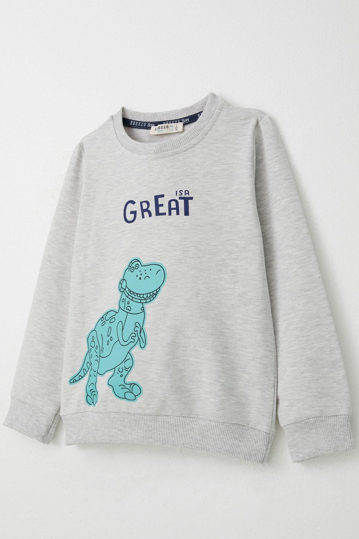 Breeze Erkek Çocuk Eşofman Takım Harika Dinozor Baskılı Açık Gri Melanj (1.5-5 Yaş)