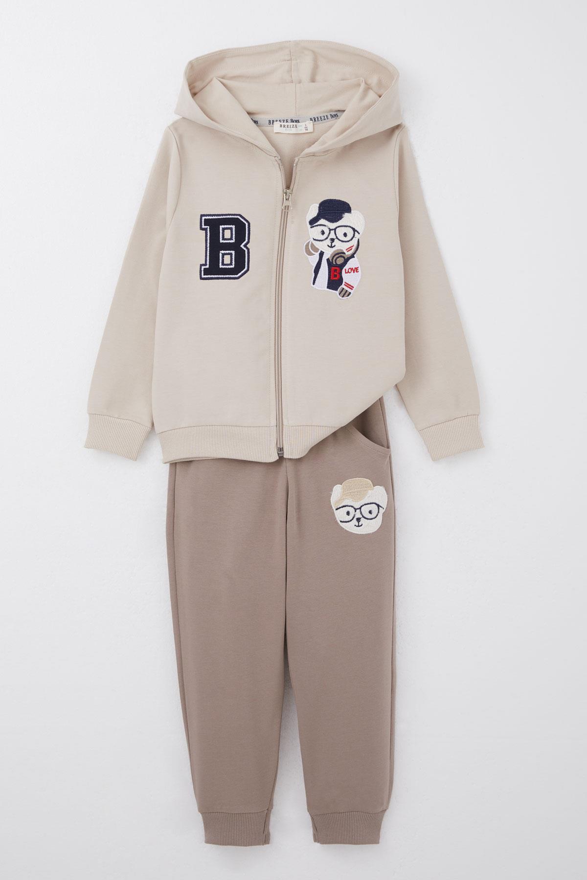 Breeze Erkek Çocuk Eşofman Takım Havalı Ayıcık Nakışlı Bej (1.5-5 Yaş)