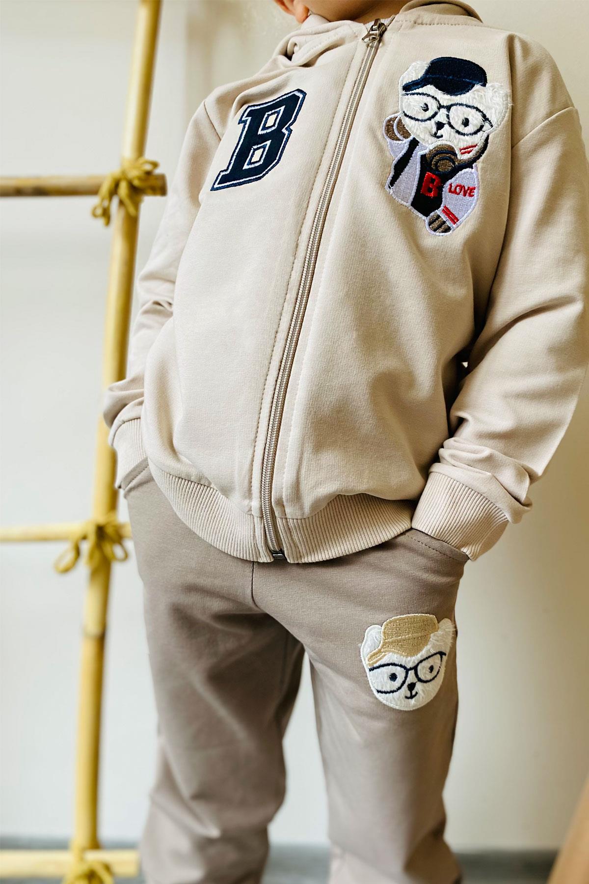 Breeze Erkek Çocuk Eşofman Takım Havalı Ayıcık Nakışlı Bej (1.5-5 Yaş)