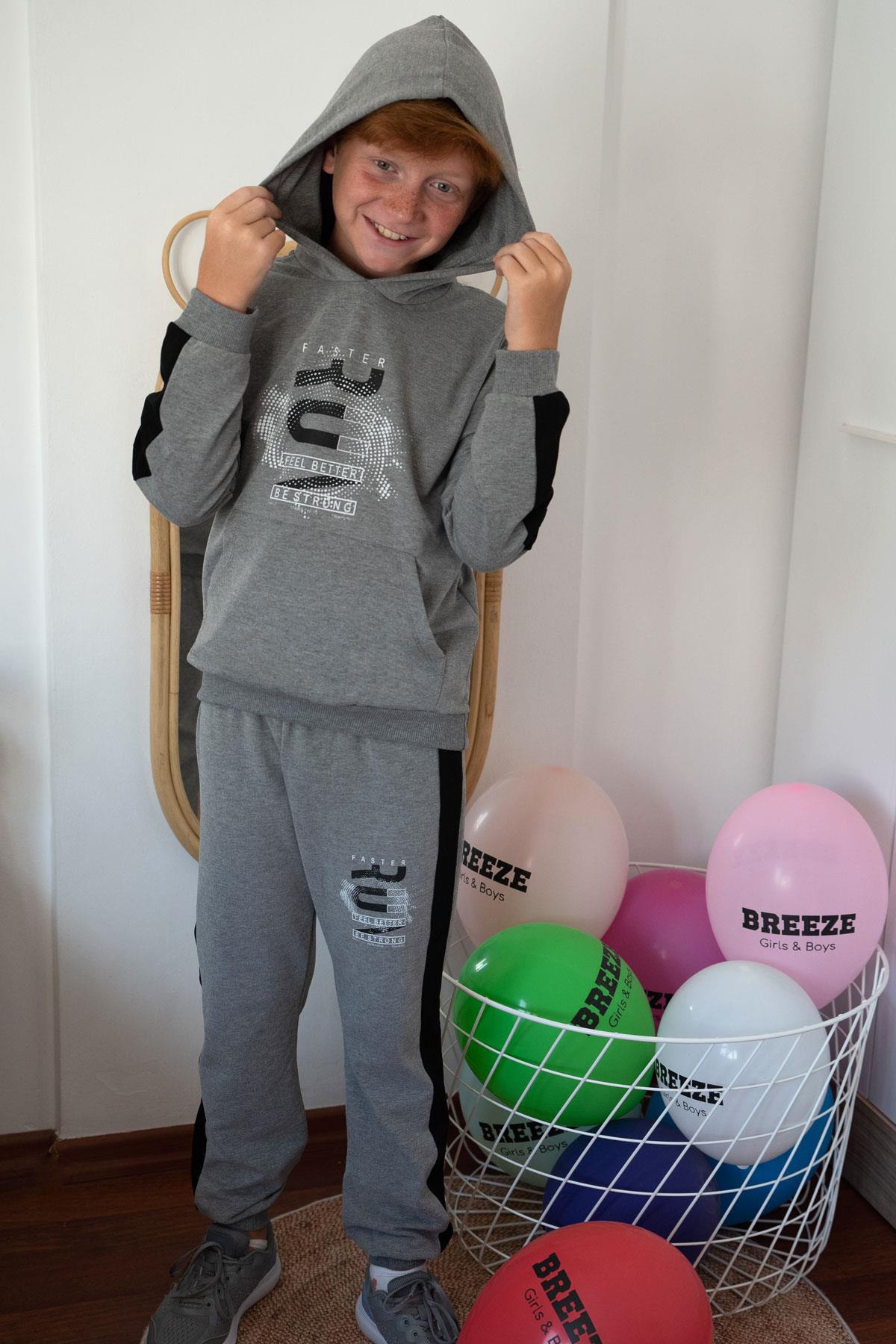 Breeze Erkek Çocuk Eşofman Takım Kapüşonlu Başarı Temalı Yazı Baskılı Koyu Gri Melanj (6-9 Yaş)