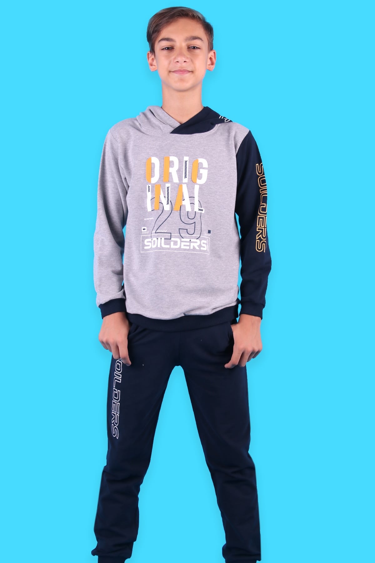 Breeze Erkek Çocuk Eşofman Takım Kapüşonlu Original Yazılı Gri (6-10 Yaş)