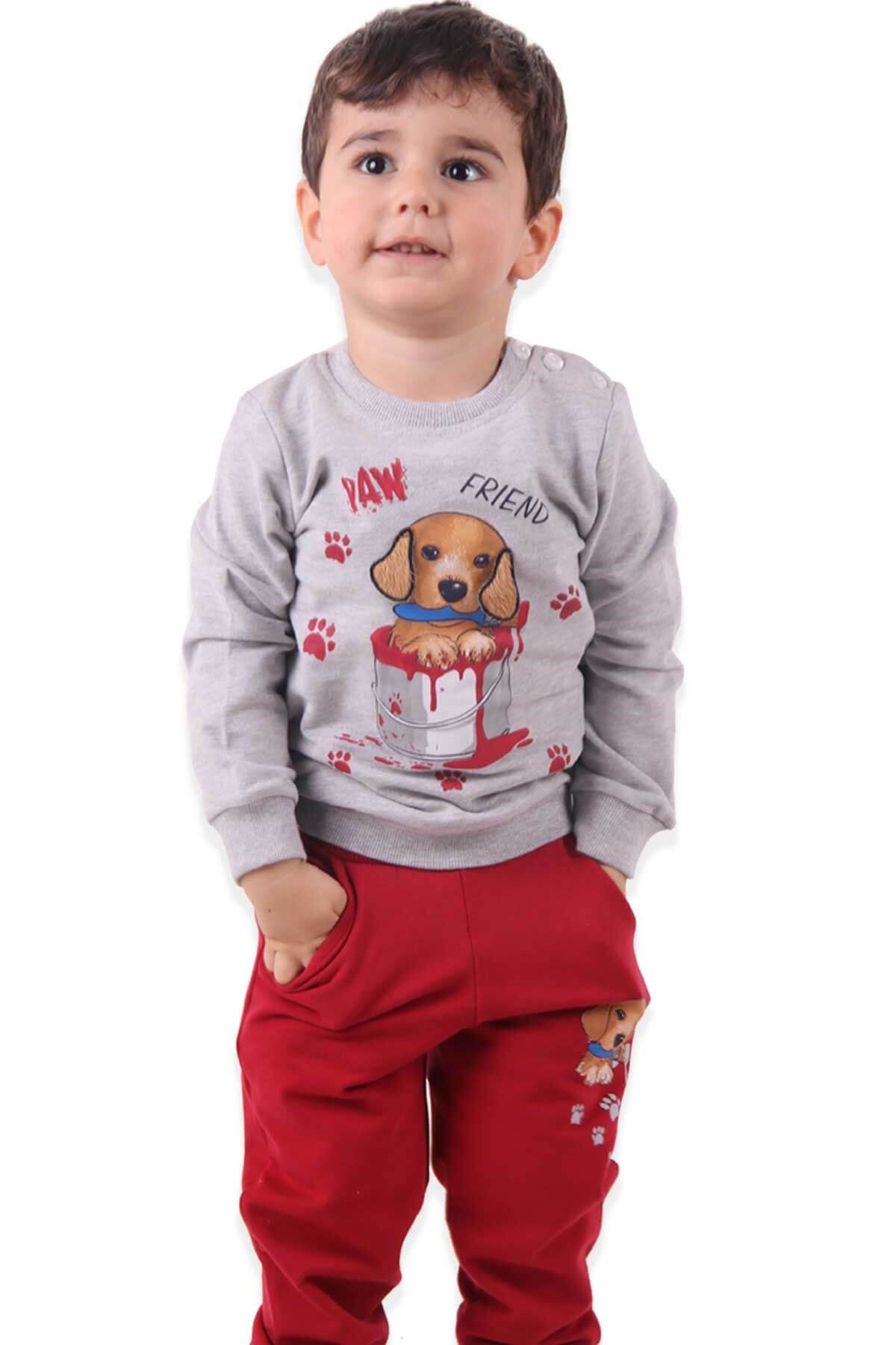 BREEZE Erkek Çocuk Eşofman Takım Köpekli Gri-Kırmızı (1-4 Yaş)