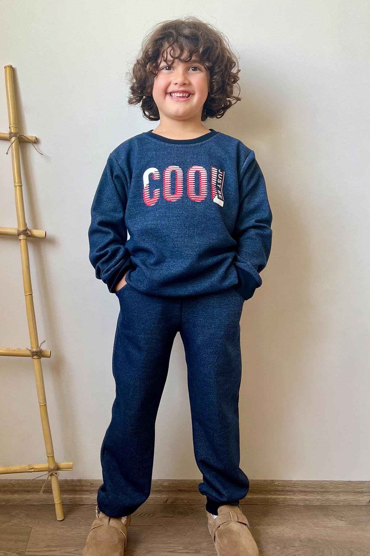 Breeze Erkek Çocuk Eşofman Takım Motivasyon Temalı Cool Yazı Baskılı Lacivert Melanj (4-8 Yaş)