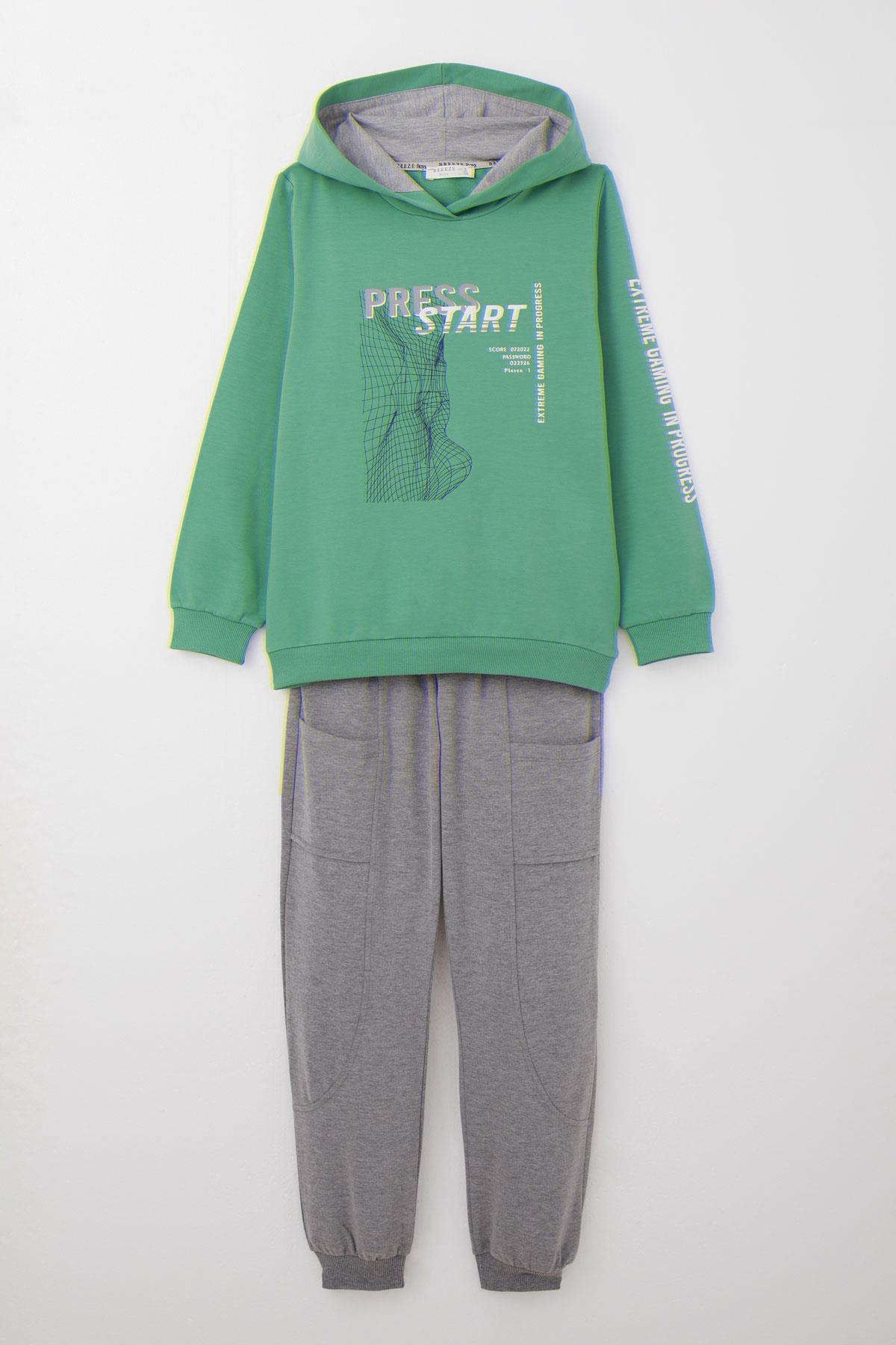 Breeze Erkek Çocuk Eşofman Takım Oyun Temalı Önden Cepli Mint Yeşili (5-9 Yaş)