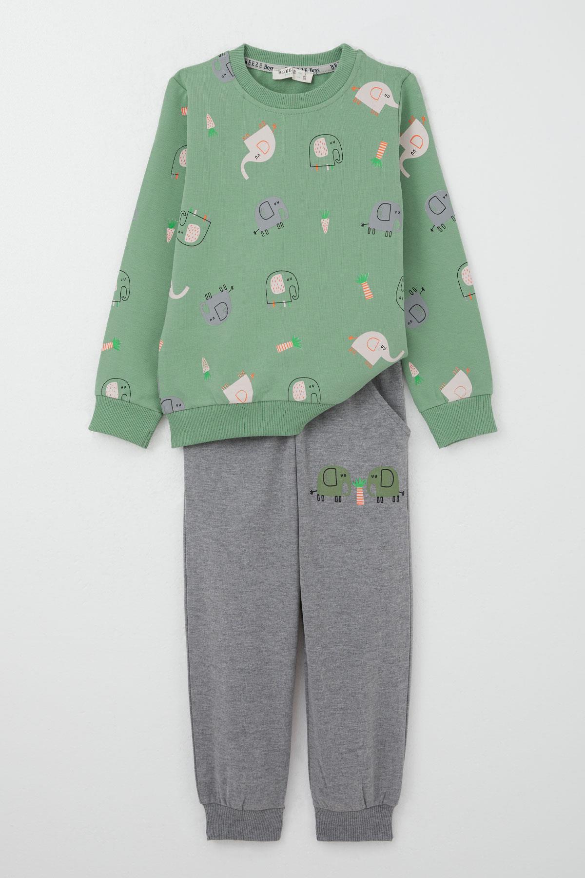 Breeze Erkek Çocuk Eşofman Takım Sevimli Fil Desenli Mint Yeşili (1-4 Yaş)