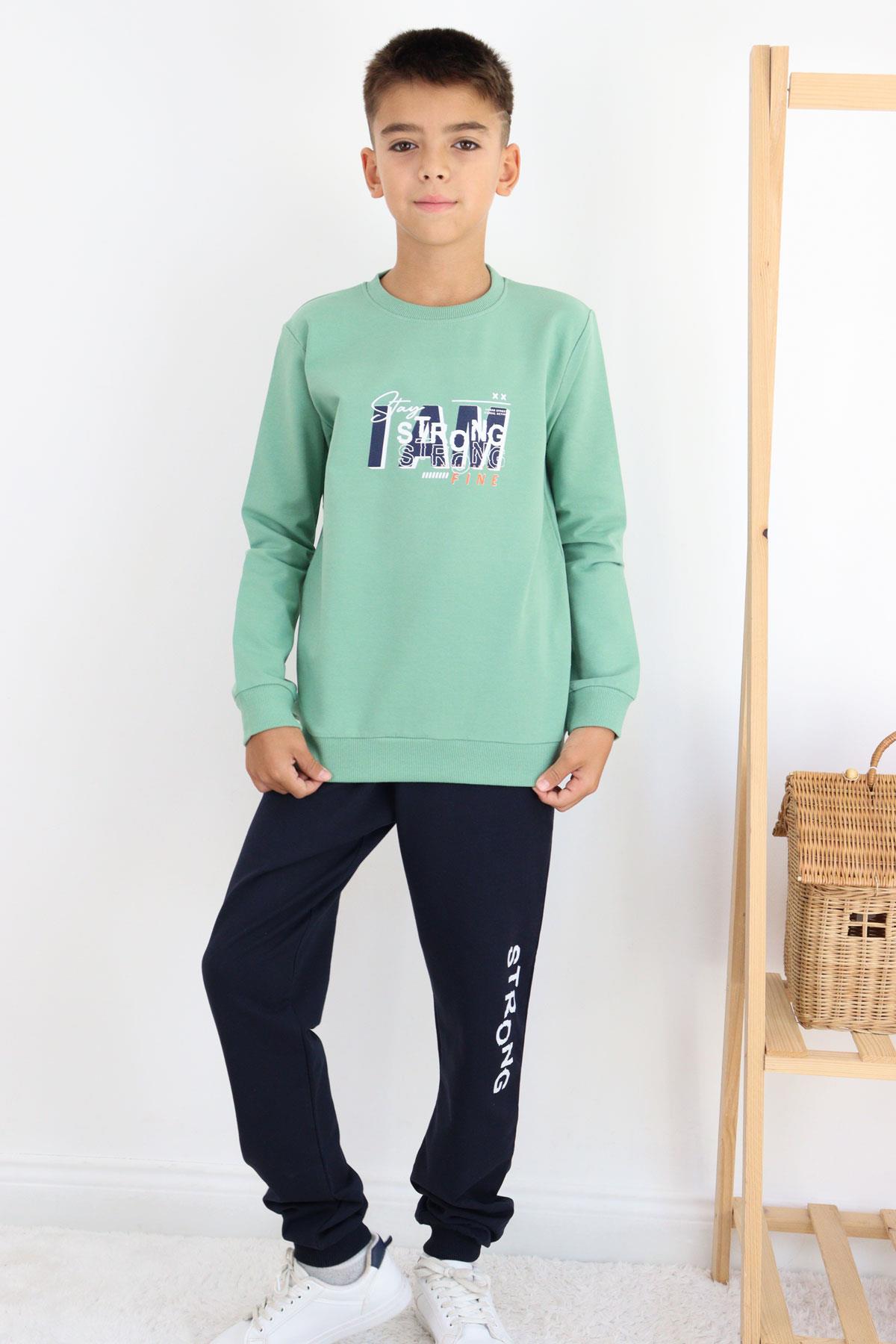 Breeze Erkek Çocuk Eşofman Takım Strong Yazı Baskılı Mint Yeşili (8-10 Yaş)