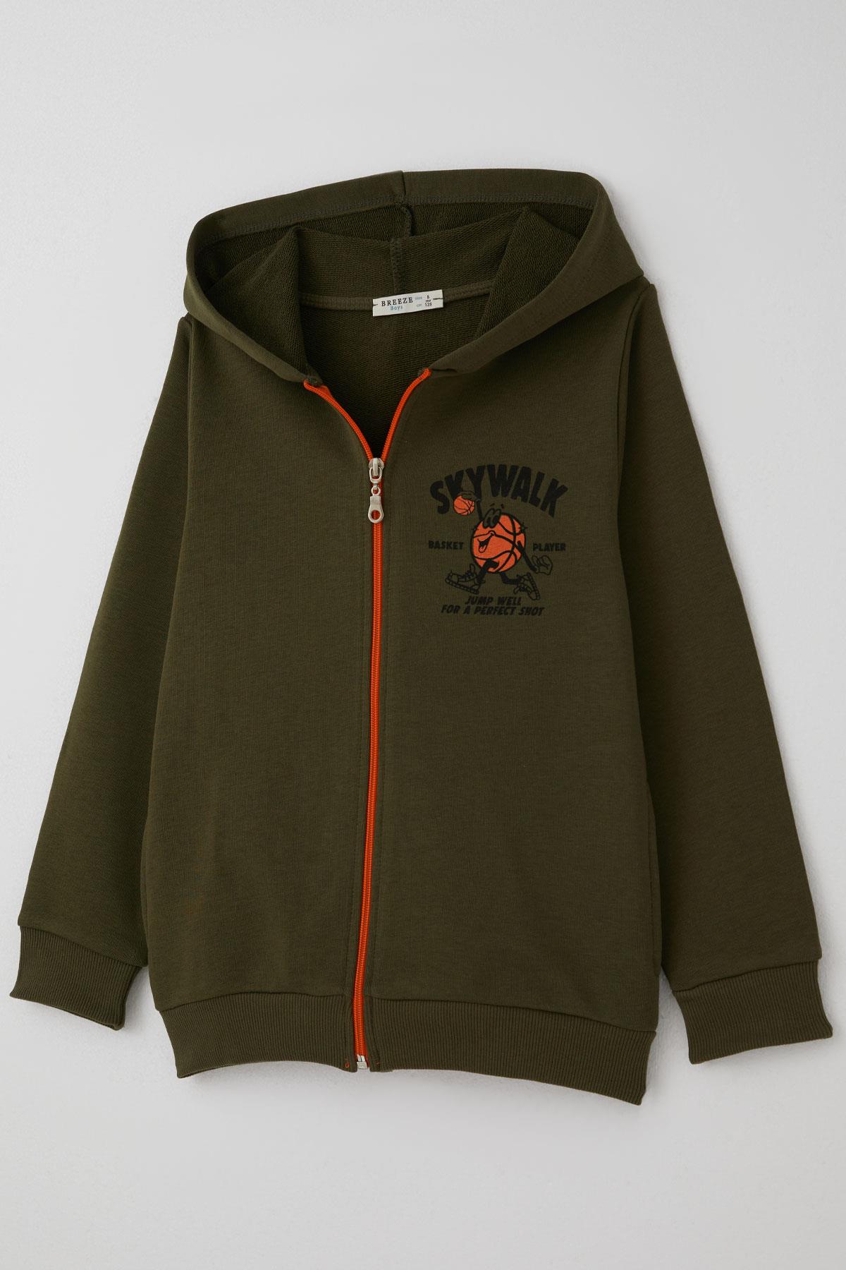 Breeze Erkek Çocuk Eşofman Takımı Basketbol Temalı Zıplayan Top Baskılı Sırt Kısmı Baskı Detaylı Haki Yeşil (4-8 Yaş)