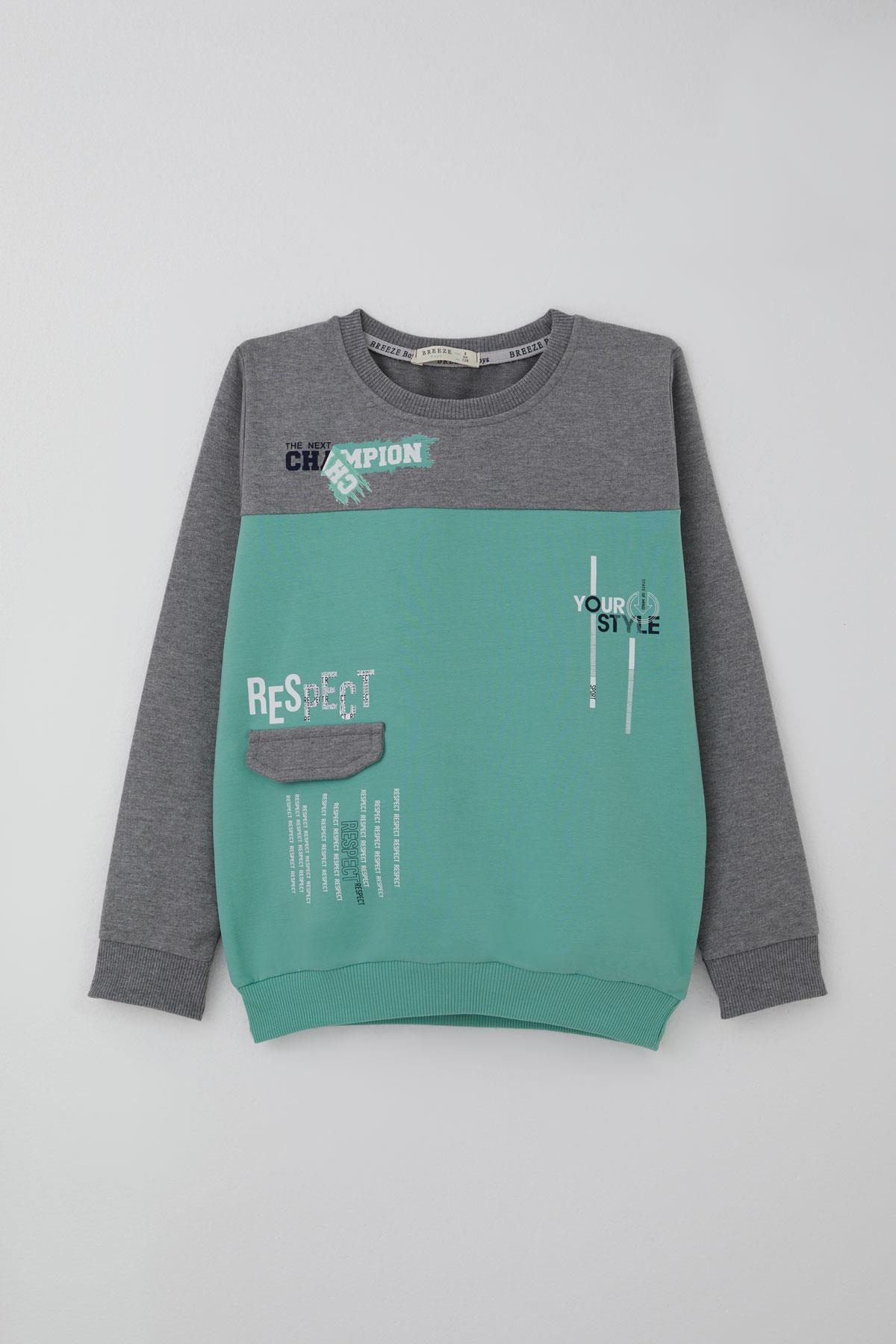 Breeze Erkek Çocuk Eşofman Takımı Cep Kapak Detaylı Yazı Baskılı Su Yeşili (7-12 Yaş)