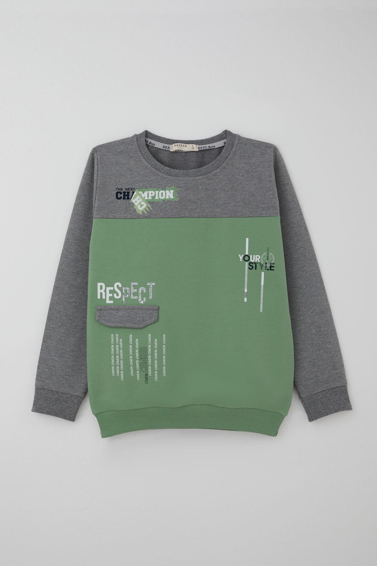 Breeze Erkek Çocuk Eşofman Takımı Cep Kapak Detaylı Yazı Baskılı Mint Yeşili (7-12 Yaş)