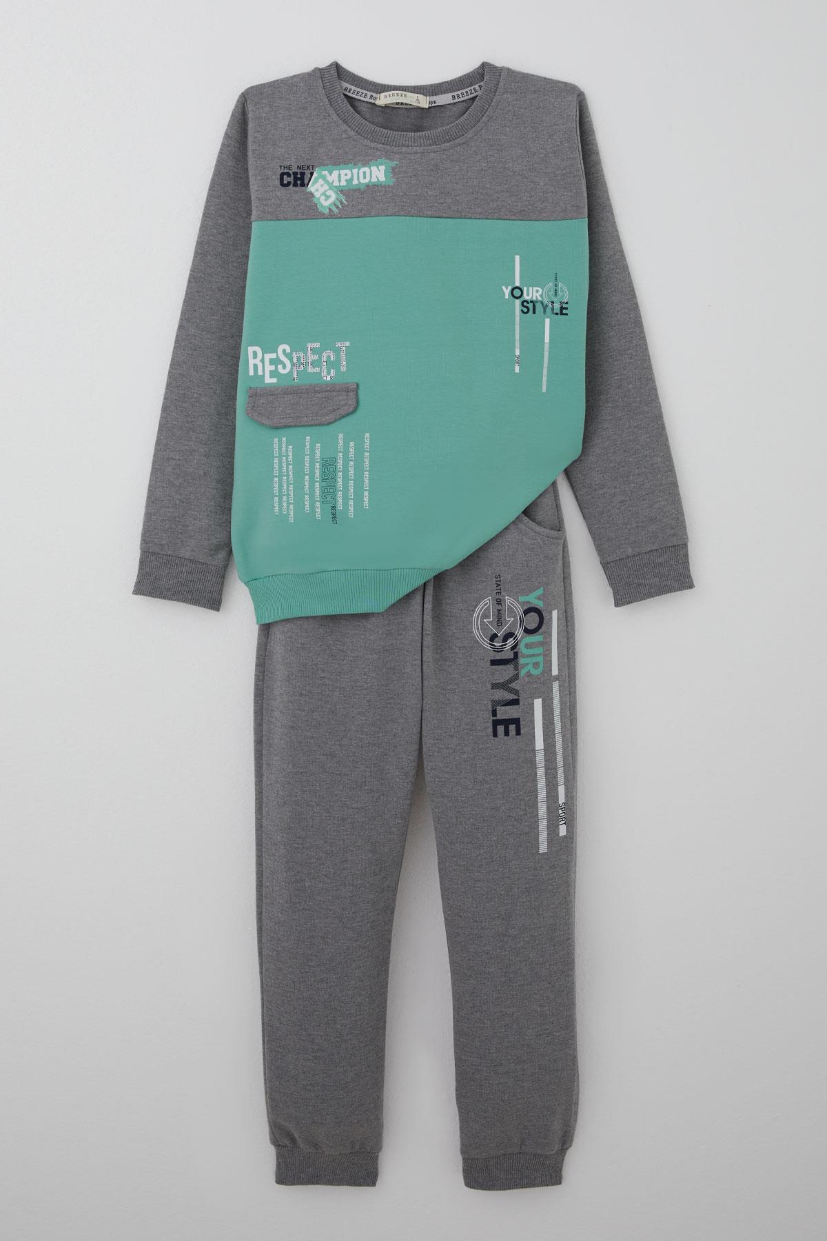 Breeze Erkek Çocuk Eşofman Takımı Cep Kapak Detaylı Yazı Baskılı Su Yeşili (7-12 Yaş)