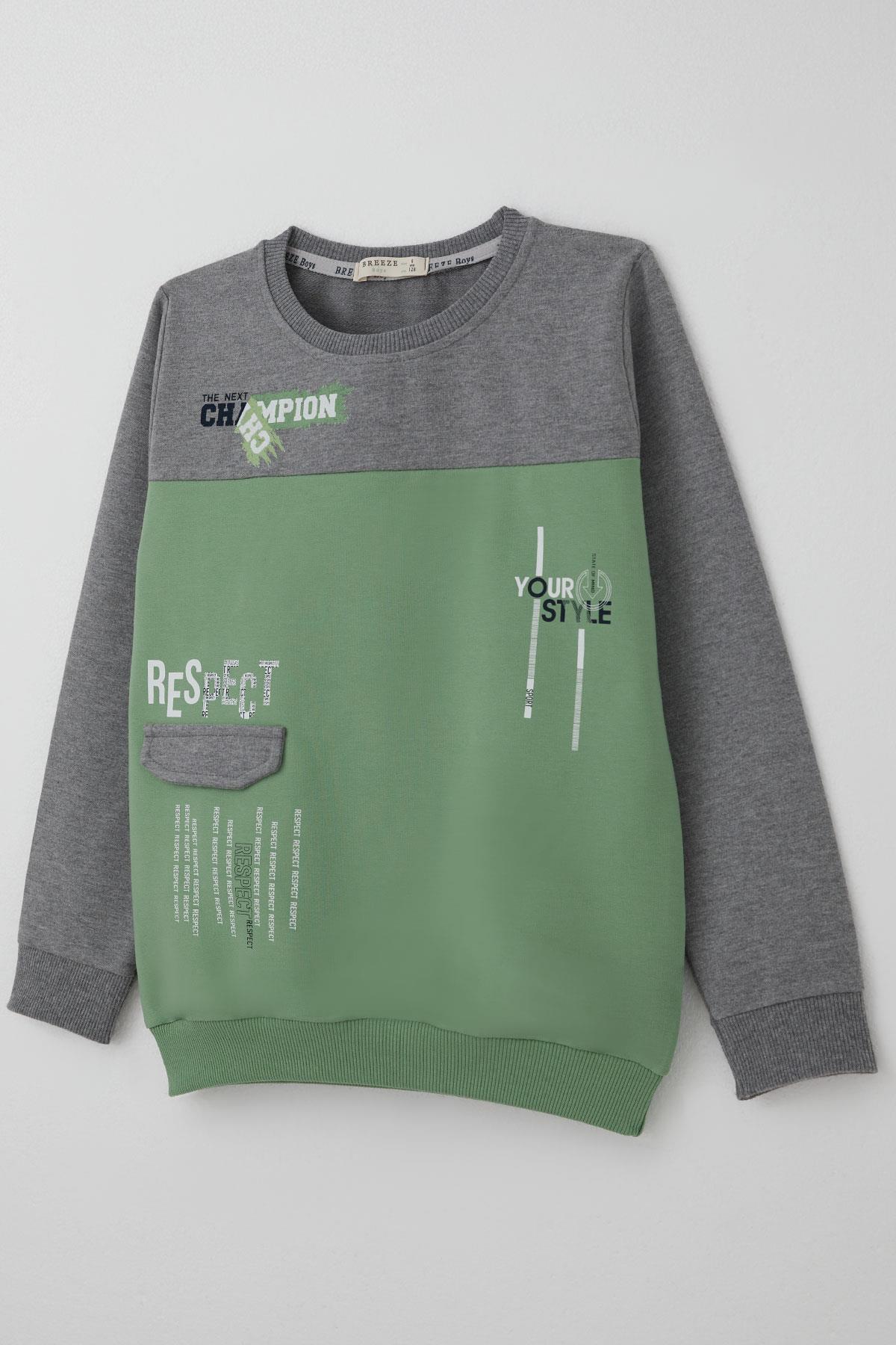 Breeze Erkek Çocuk Eşofman Takımı Cep Kapak Detaylı Yazı Baskılı Mint Yeşili (7-12 Yaş)